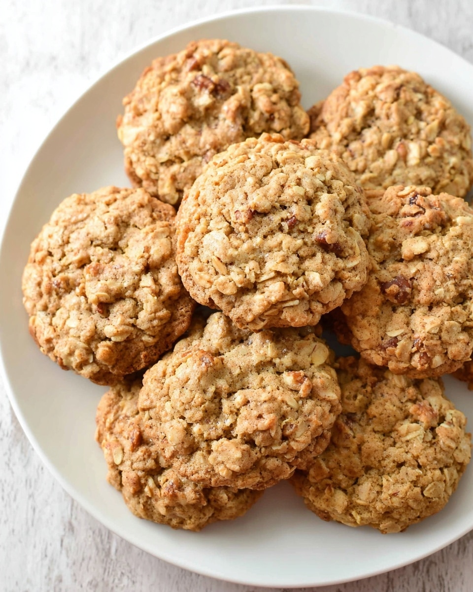 A white plate filled with seven round, thick cookies that have a rough texture with visible oats and small bits of nuts or other mix-ins; the cookies are light brown with a slightly golden baked color, showing uneven, cracked tops and a crumbly surface. The plate is on a white marbled texture surface. photo taken with an iphone --ar 4:5 --v 7