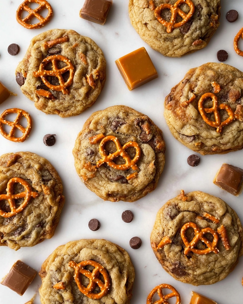 Three round cookies with a light brown color and a soft, slightly wrinkled texture sit on white parchment paper on a white marbled surface. Each cookie has dark chocolate chips visible inside, and small pieces of orange pretzels are placed on top, adding a contrast in color and a crunchy texture. The cookies are spread out in a loose triangle, with one cookie positioned closer and the other two slightly blurred in the background. Photo taken with an iphone --ar 4:5 --v 7