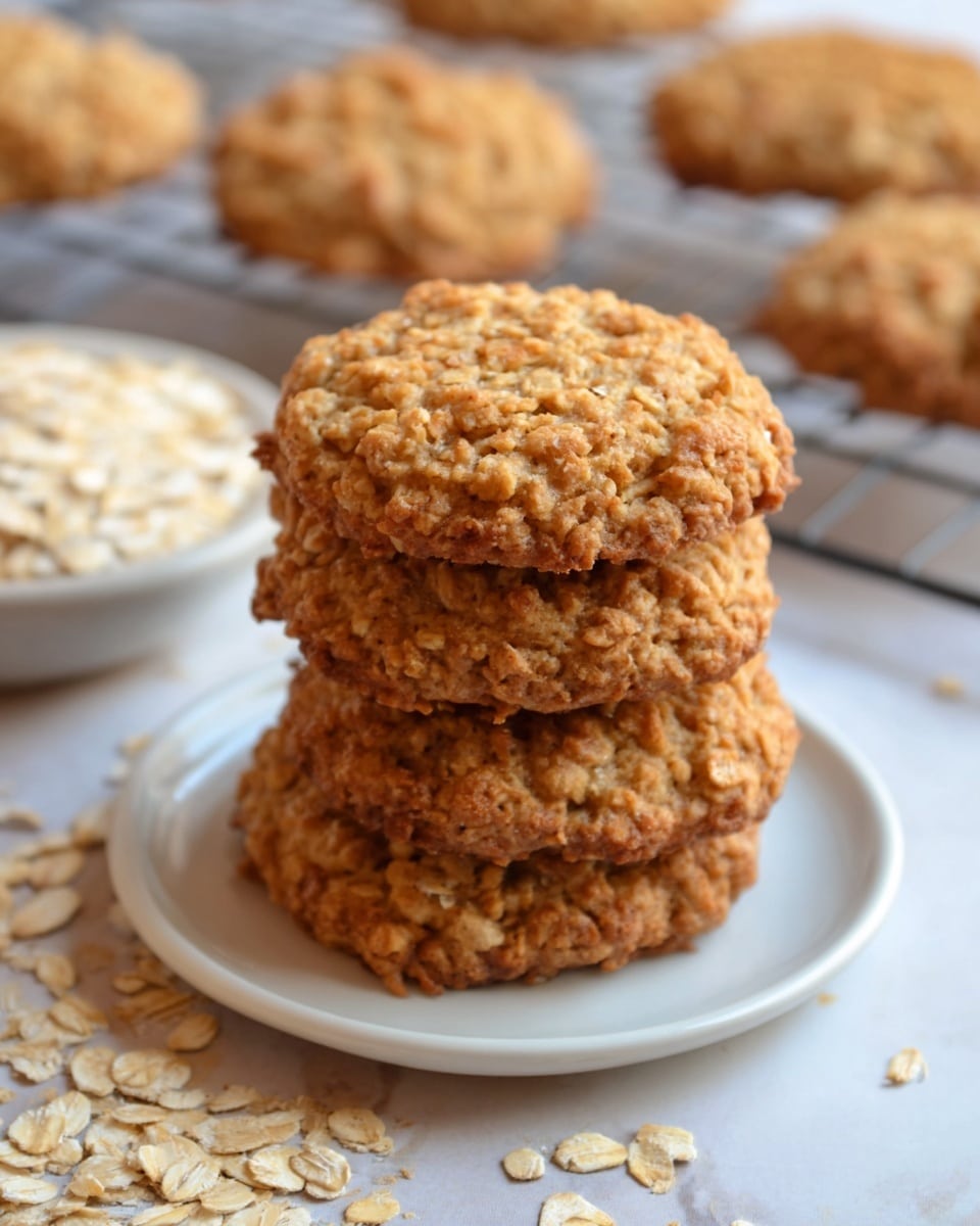 A stack of four round oatmeal cookies sits in the center on a white marbled surface, each cookie showing a rough, grainy texture with light golden brown color and visible oats. Around the stack, loose oats are scattered unevenly, adding a natural touch. In the background, a white tray holds more cookies and a small white bowl filled with oats, slightly blurred to keep focus on the cookie stack. The whole scene has soft lighting and a close-up view. Photo taken with an iphone --ar 4:5 --v 7