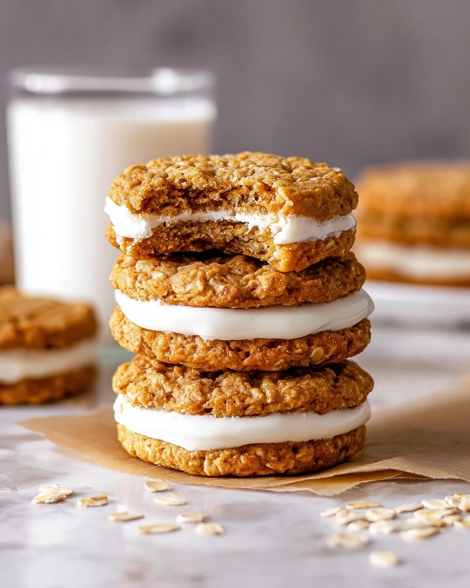 A white plate holds a stack of six oatmeal sandwich cookies with a thick layer of white cream filling between two golden brown, textured cookie layers. The cookies have a rough surface with visible oat bits and slightly rounded edges. Behind them, a clear glass filled with white milk sits on a white marbled textured surface. The background is dark and blurred. photo taken with an iphone --ar 4:5 --v 7