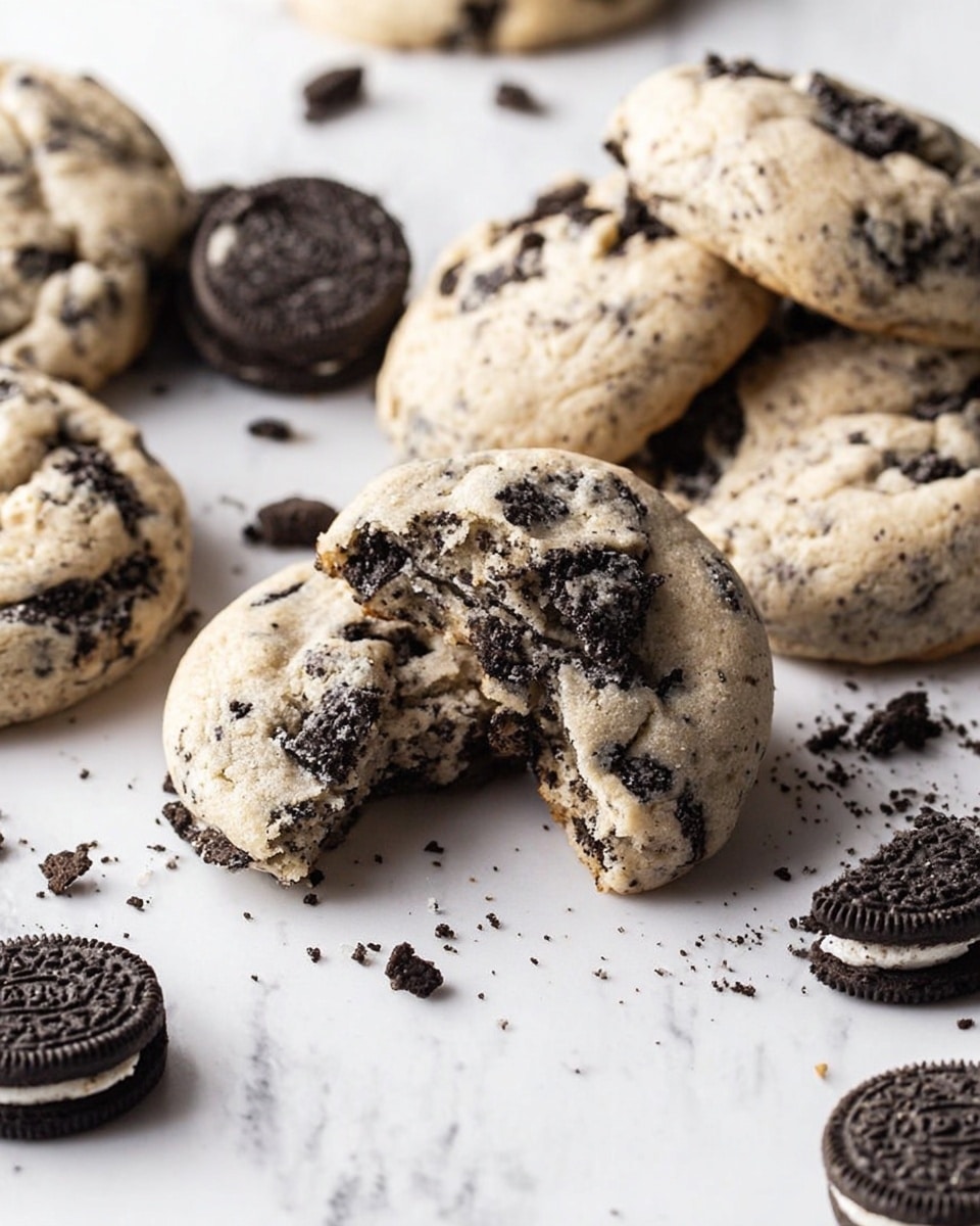 The image shows a group of round cookies scattered closely together on a white marbled surface. Each cookie has a rough, bumpy texture and a light beige color mixed with dark black chunks and white pieces, which look like cookie bits and white chocolate. Around the cookies, there are broken cookie pieces with dark black and white layers, adding contrast to the scene. The cookies look thick and soft with irregular shapes and sizes. photo taken with an iphone --ar 4:5 --v 7
