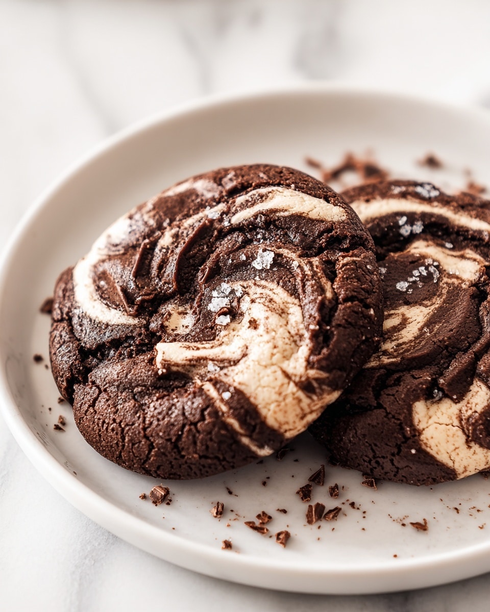 The image shows several round chocolate cookies on a white marbled surface, each cookie with a cracked texture revealing a soft center with swirls of white cream and melted chocolate spread on top. The cookies have a rich dark brown color with shiny, slightly rough edges, and scattered small pieces of chocolate around them. The focus is on one cookie in the front, with blurred cookies in the background, creating a cozy and inviting look. photo taken with an iphone --ar 4:5 --v 7