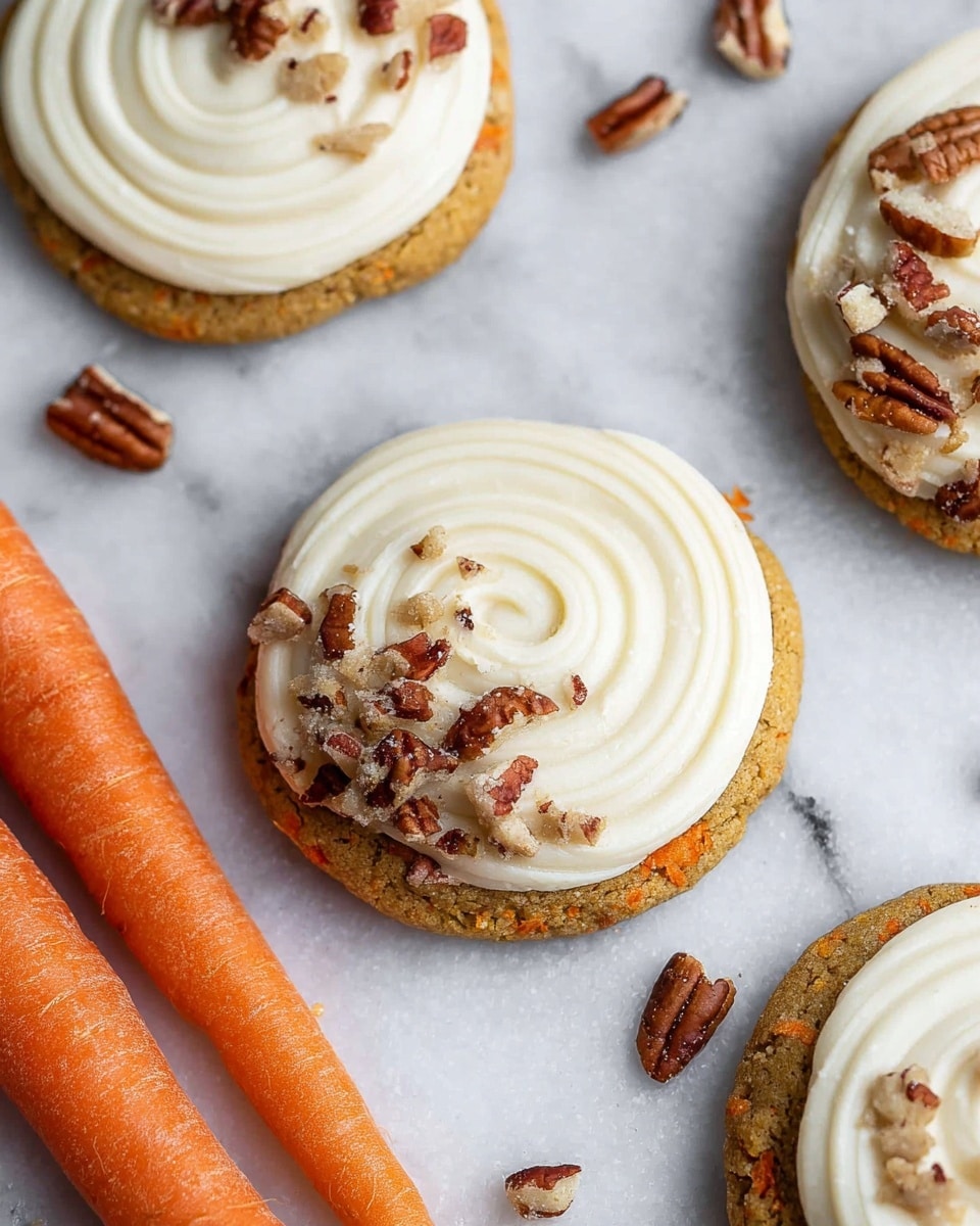 The image shows soft carrot cookies on a white marbled surface. Each cookie has a base layer of a light brown, slightly textured dough with small orange carrot bits visible inside. On top of each cookie is a thick swirl of creamy white frosting, applied in a circular pattern with smooth ridges. The frosting is sprinkled with chopped pecans, adding a rough texture and dark brown color contrast on one side of the swirl. There are also two fresh whole carrots placed near the cookies, showing their bright orange color and smooth texture. Photo taken with an iphone --ar 4:5 --v 7
