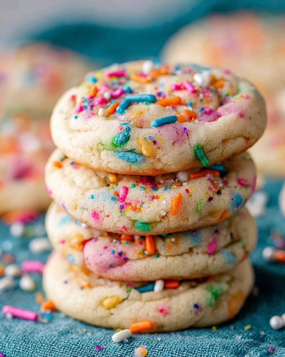 The image shows a group of round, light golden cookies with a soft texture, each topped with a generous layer of colorful sprinkles in orange, pink, purple, white, blue, and green. The cookies are arranged closely together on a silver cooling rack, which sits on a white marbled surface. A teal cloth with a slightly rough texture lies underneath part of the rack on the top left side. One cookie sits alone on the white marbled surface near the bottom left corner. The overall look is bright and inviting, with the sprinkle colors standing out vividly against the pale base of the cookies. photo taken with an iphone --ar 4:5 --v 7