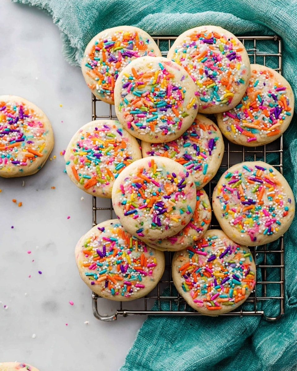 Three soft, thick cookies stacked on top of each other, each light beige with a slightly uneven texture. They have bright, colorful sprinkles scattered both inside the dough and on the tops, with colors like pink, blue, green, orange, white, and yellow. The cookies have a slight golden-brown tinge on the edges, and you can see the sprinkles slightly melted into the dough. The stack sits on a blue textured cloth, with more cookies and scattered sprinkles blurred in the background. photo taken with an iphone --ar 4:5 --v 7