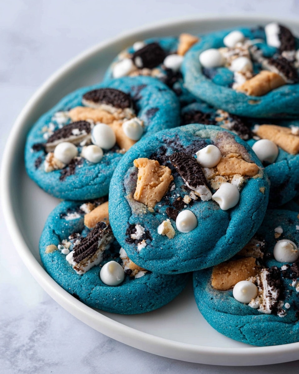 A group of thick blue cookies is placed on a white plate with a white marbled background. Each cookie has a rough but soft texture and is topped with white chips, small pieces of broken black and white sandwich cookies, and tan-colored chunks spread evenly across the surface. The cookies are stacked closely together, showing their round shape and vibrant color. Photo taken with an iphone --ar 4:5 --v 7
