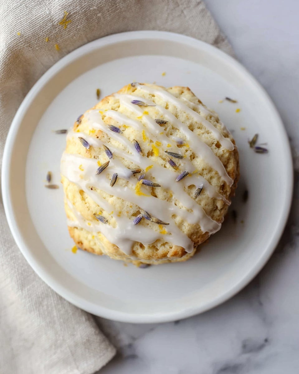 A single round scone sits in the middle of a white plate on a white marbled surface with a beige cloth nearby. The scone has a light golden color with a rough texture, topped with thin white icing drizzles across the top and small bits of purple lavender and yellow lemon zest sprinkled over it. Photo taken with an iphone --ar 4:5 --v 7