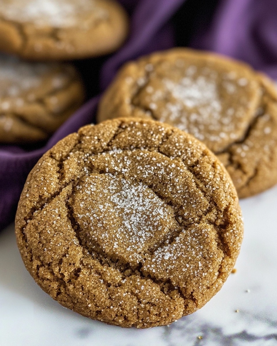 The image shows two brown, round cookies with cracked tops sprinkled with sugar, stacked slightly leaning against each other on a dark wooden surface. Behind the cookies, there is a glass filled almost to the top with white milk. In the background, more cookies are slightly blurred. The setting is simple with the focus on the texture of the sugar-covered, cracked cookies and the glass of milk. photo taken with an iphone --ar 4:5 --v 7