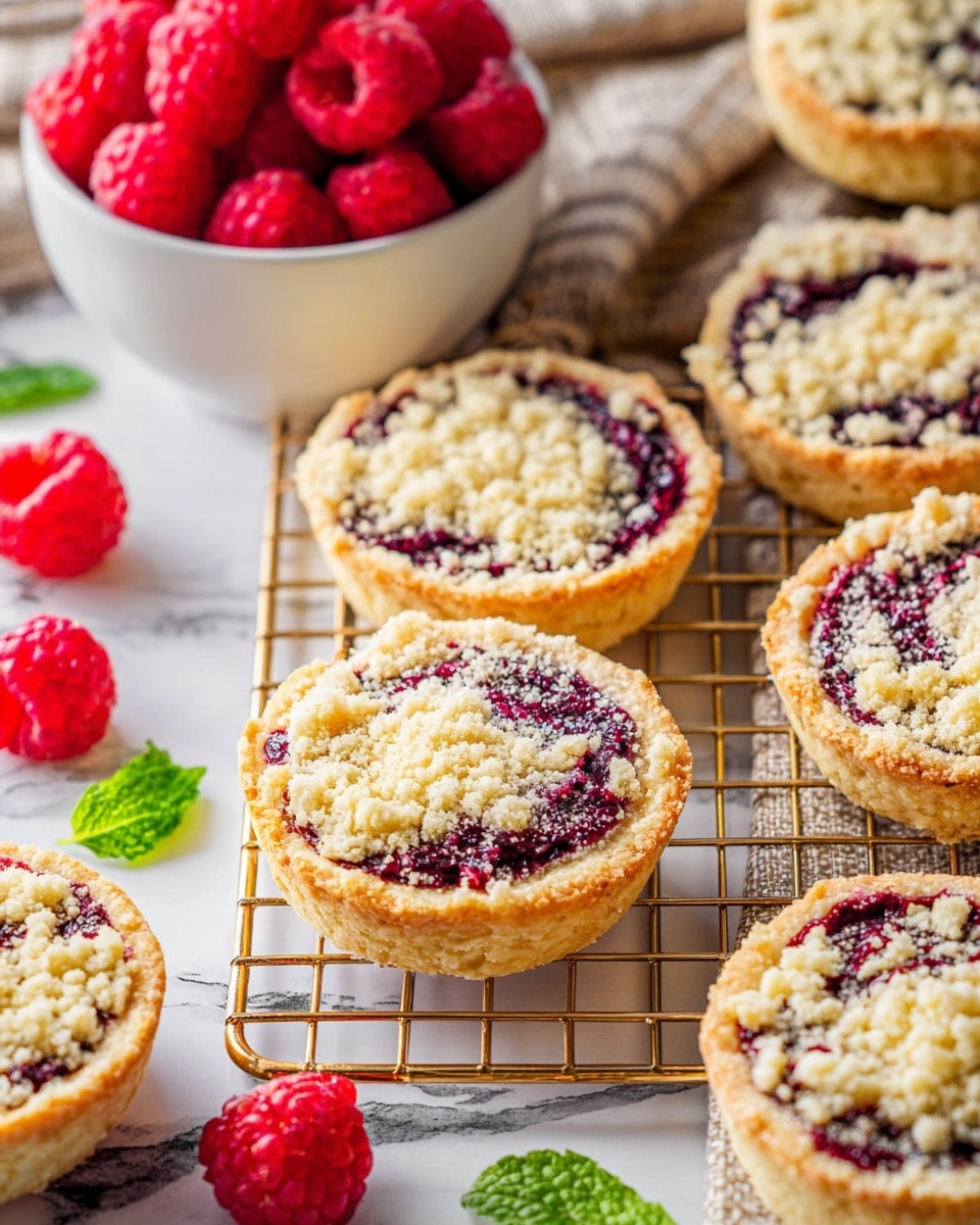 Two small round raspberry crumb tarts sit on a white plate, each tart has three layers: a golden crust on the bottom, a dark red raspberry jam filling in the middle, and a top layer of light golden crumb bits. The plate is placed on a dark brown wooden table with some raspberry crumbs scattered around. Fresh whole raspberries and a green leaf cloth are near the plate. On the right side, there is a jar of dark red raspberry jam with a blue striped cover, and part of a stack of white plates holding a white cup is visible. Photo taken with an iphone --ar 4:5 --v 7