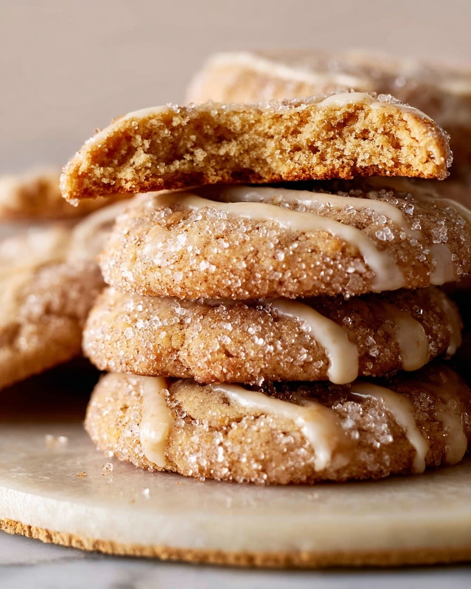 A pile of round, golden brown cookies covered with coarse sugar crystals and thin, light beige glaze drizzled unevenly over the top, all placed directly on a white marbled surface. The cookies have a slightly rough texture with some cracks showing, and they are overlapping each other in a casual arrangement. The coarse sugar sparkles against the warm cookie color, and the glaze forms thin, irregular lines and small pools on the tops, enhancing the detail. Photo taken with an iphone --ar 4:5 --v 7