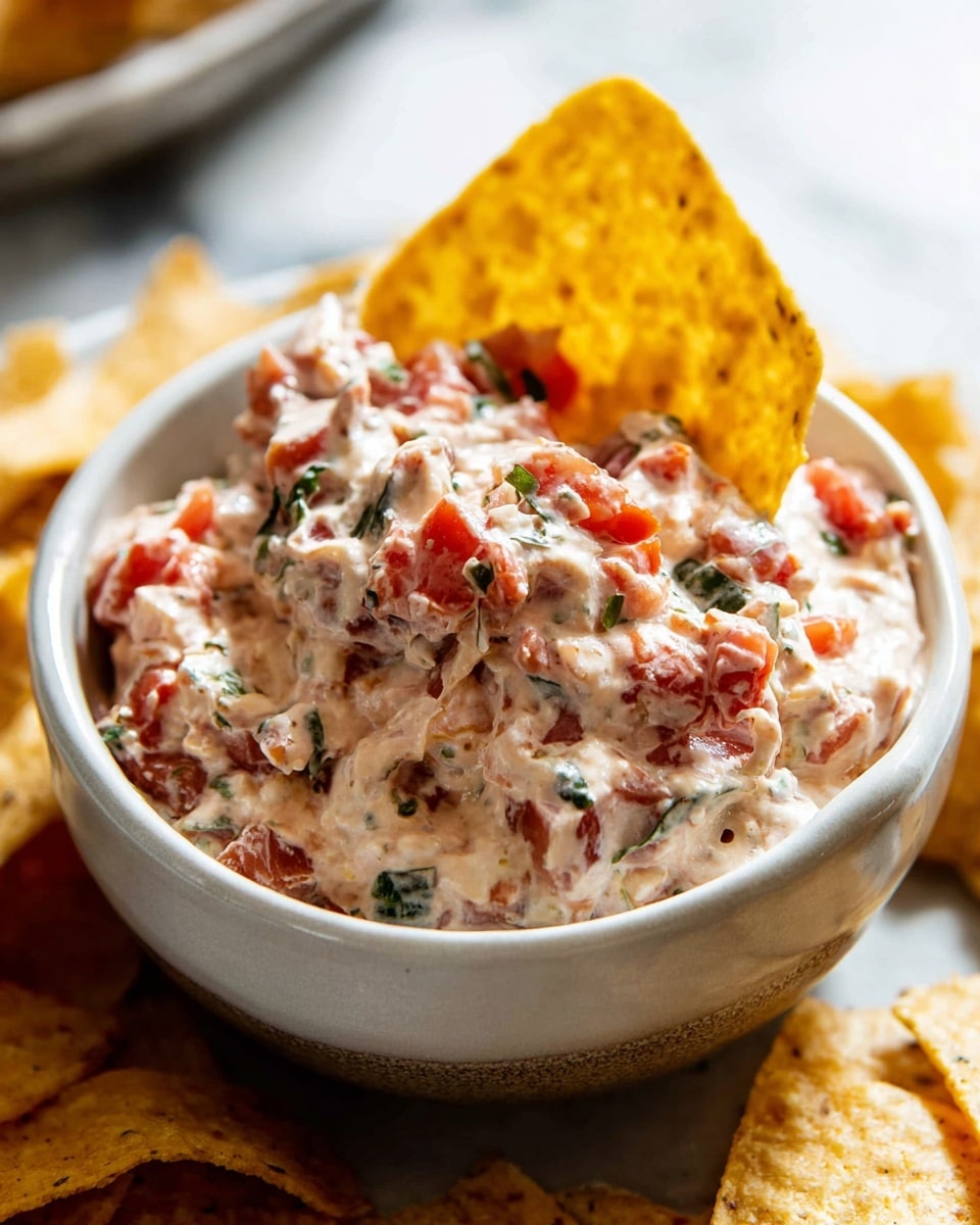 A close-up of a small round white bowl filled with a creamy dip mixed with chunks of red tomatoes and green herbs, giving it a textured look with red and green spots throughout. The dip looks thick and slightly lumpy. Two golden tortilla chips are dipped into the bowl, standing upright on one side. The bowl is placed on a white marbled surface with some more tortilla chips blurred in the background. The lighting is bright and natural, highlighting the fresh ingredients in the dip. photo taken with an iphone --ar 4:5 --v 7