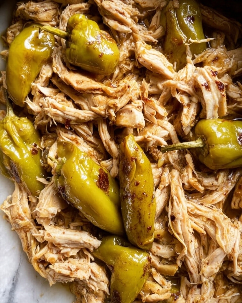 The dish shows two main layers in a shallow white bowl: the bottom layer is a smooth, creamy off-white mashed texture that fills about half the bowl, and the top layer is shredded cooked chicken with light and golden brown colors placed over the mashed layer. Around the chicken, two bright yellow-green peppers with slight grill marks rest on the right side. A silver fork leans against the left edge of the bowl. The whole bowl sits on a white marbled surface. Photo taken with an iphone --ar 4:5 --v 7