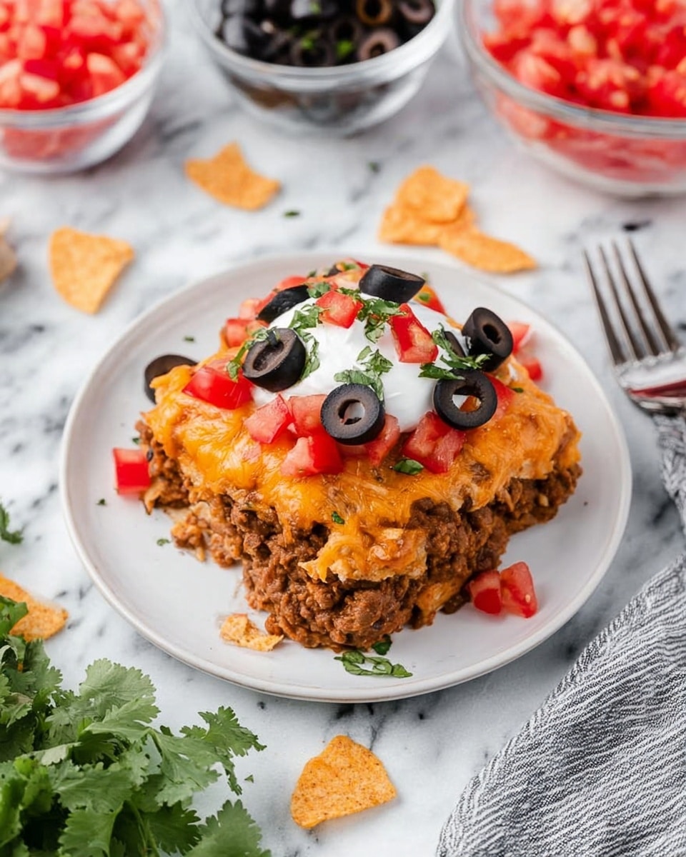 A white rectangular baking dish filled with a layered casserole. The top layer is a thick, uneven spread of shredded orange and white cheese covering crushed, bright orange chips, giving a textured and crispy look. Beneath the chips, dark and lighter brown bits peek through, likely cooked ground meat and beans. The dish sits on a white marbled surface, highlighting the warm, cheesy colors. photo taken with an iphone --ar 4:5 --v 7