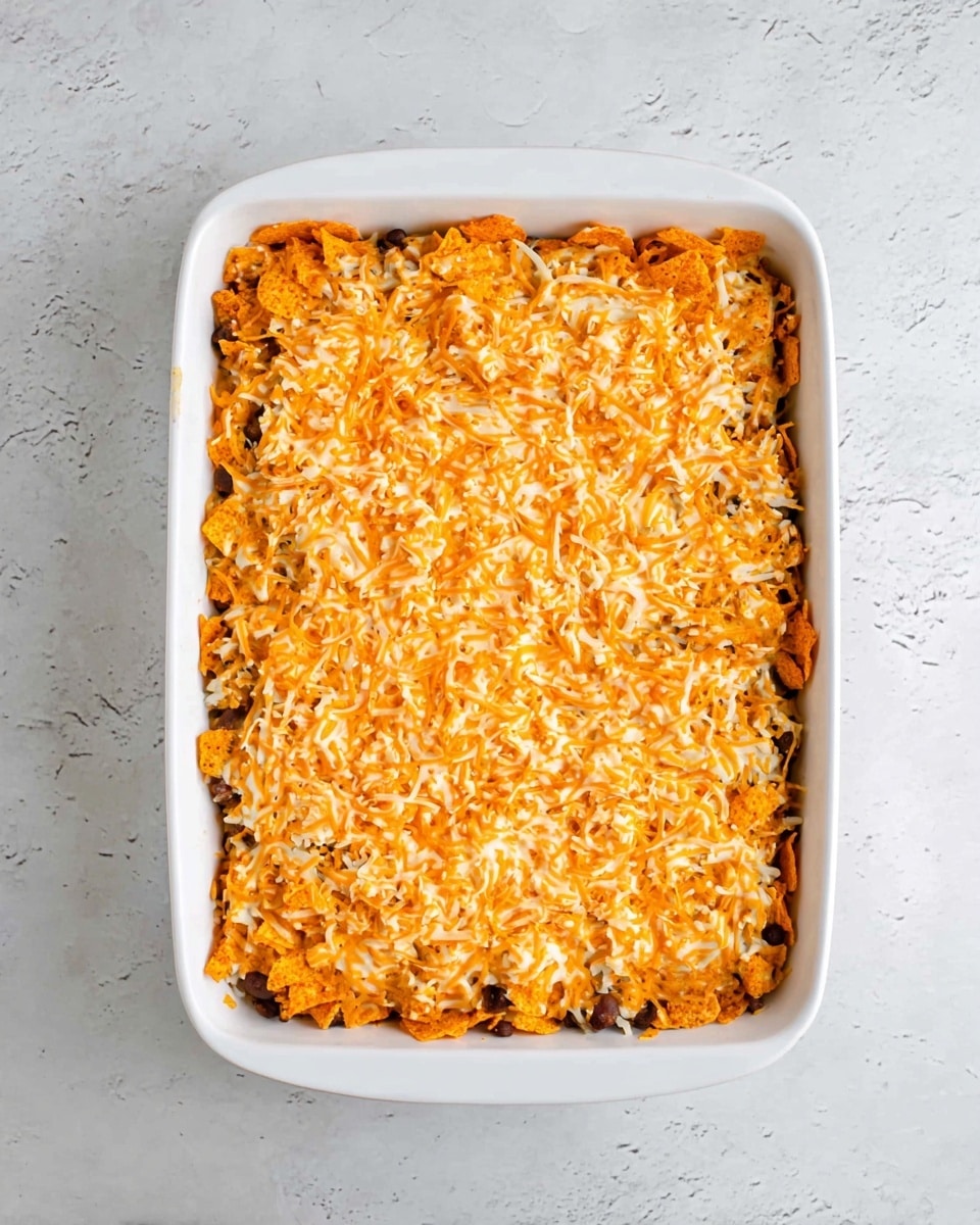 The dish shows a square layered casserole on a round white plate placed on a white marbled surface. The bottom layer is a thick, brown mixture with beans visible, topped with a crunchy layer of bright orange chips covered in melted yellow cheese. The top is decorated with dollops of white cream, chopped red tomatoes, sliced black olives, and small green herbs. Around the plate are loose orange chips, a bunch of fresh green herbs, a glass bowl of bright red diced tomatoes, and another bowl piled with black olives. A silver fork rests on a light blue and white striped cloth napkin near the plate. Photo taken with an iphone --ar 4:5 --v 7