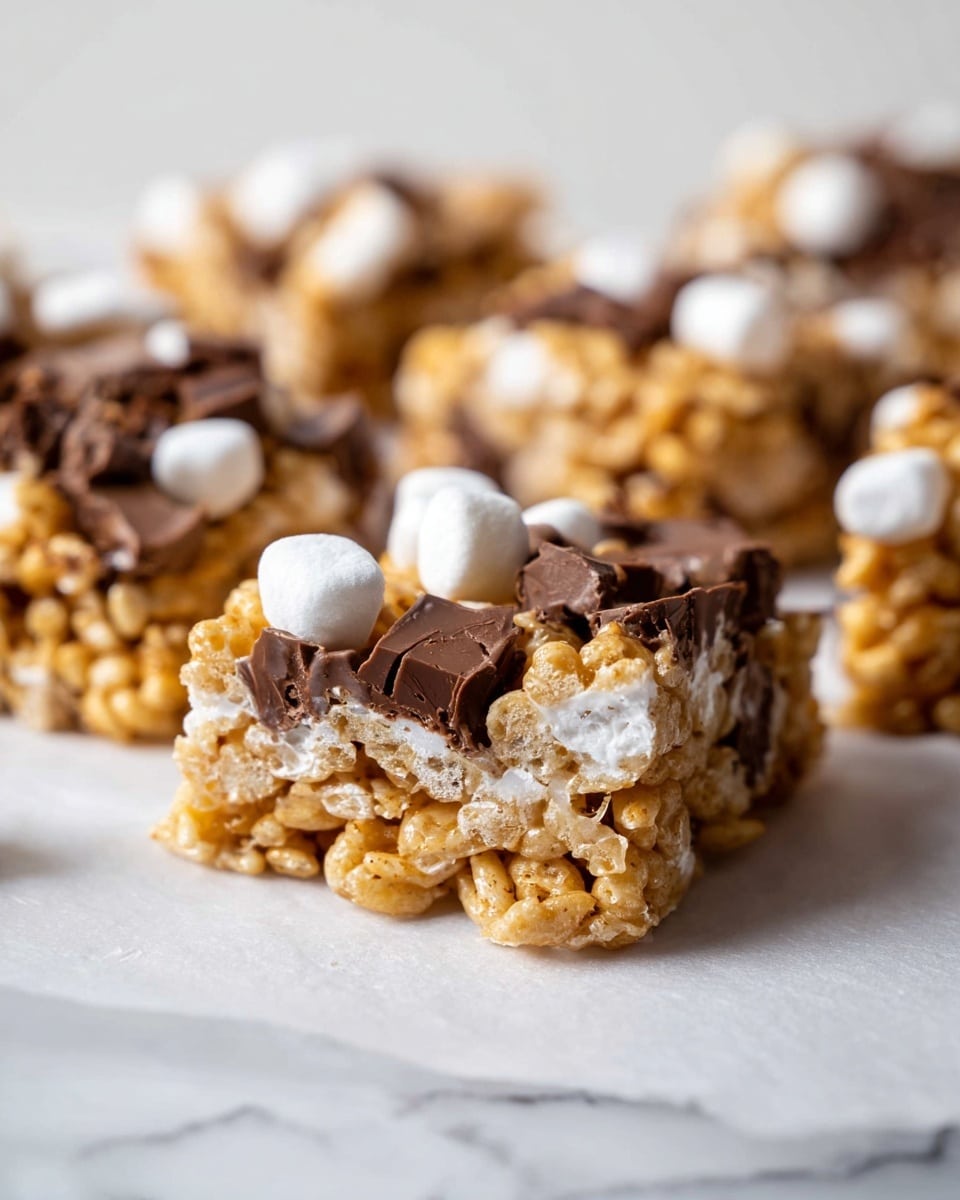 The image shows a close-up of a square rice crispy treat with three visible layers: the bottom layer is made of crispy golden brown puffed rice cereal, the middle layer is gooey melted white marshmallow holding everything together, and the top layer features chunks of melted dark brown chocolate and tiny white marshmallows scattered on the surface. The treats are placed on white parchment paper resting on a white marbled surface, with more similar treats blurred in the background. The lighting is soft and natural, highlighting the textures and melty appearance of the chocolate and marshmallows. photo taken with an iphone --ar 4:5 --v 7