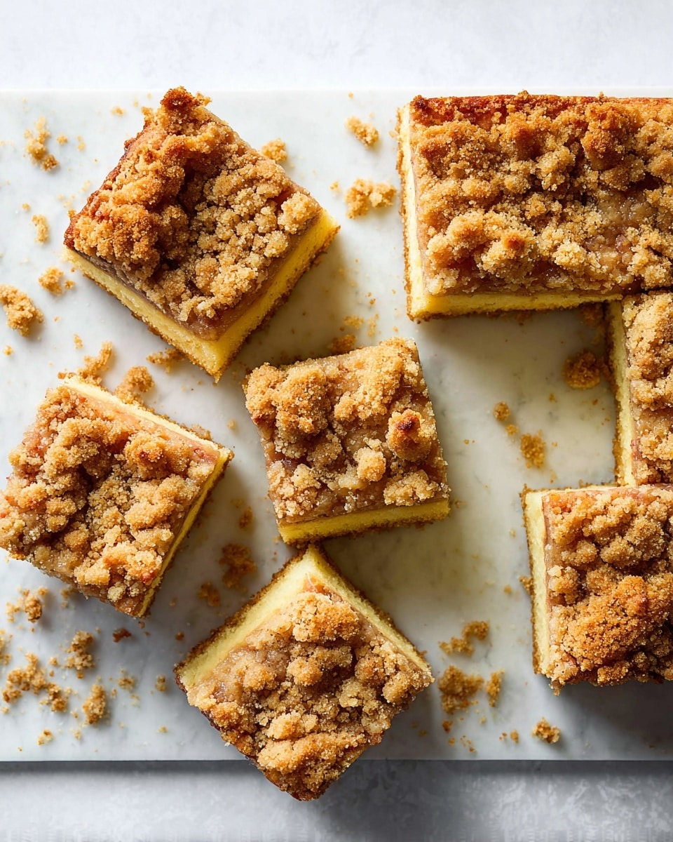 The image shows two square pieces of crumb cake stacked on top of each other on a white marbled surface. Each piece has two layers: the bottom layer is a soft, light golden cake with a smooth texture, while the top layer is a thick, crumbly, brown streusel topping with a slightly rough texture. Crumbs from the topping are scattered around the cakes, adding to the rustic look. The background is clean and white, putting full focus on the crumb cake. Photo taken with an iphone --ar 4:5 --v 7