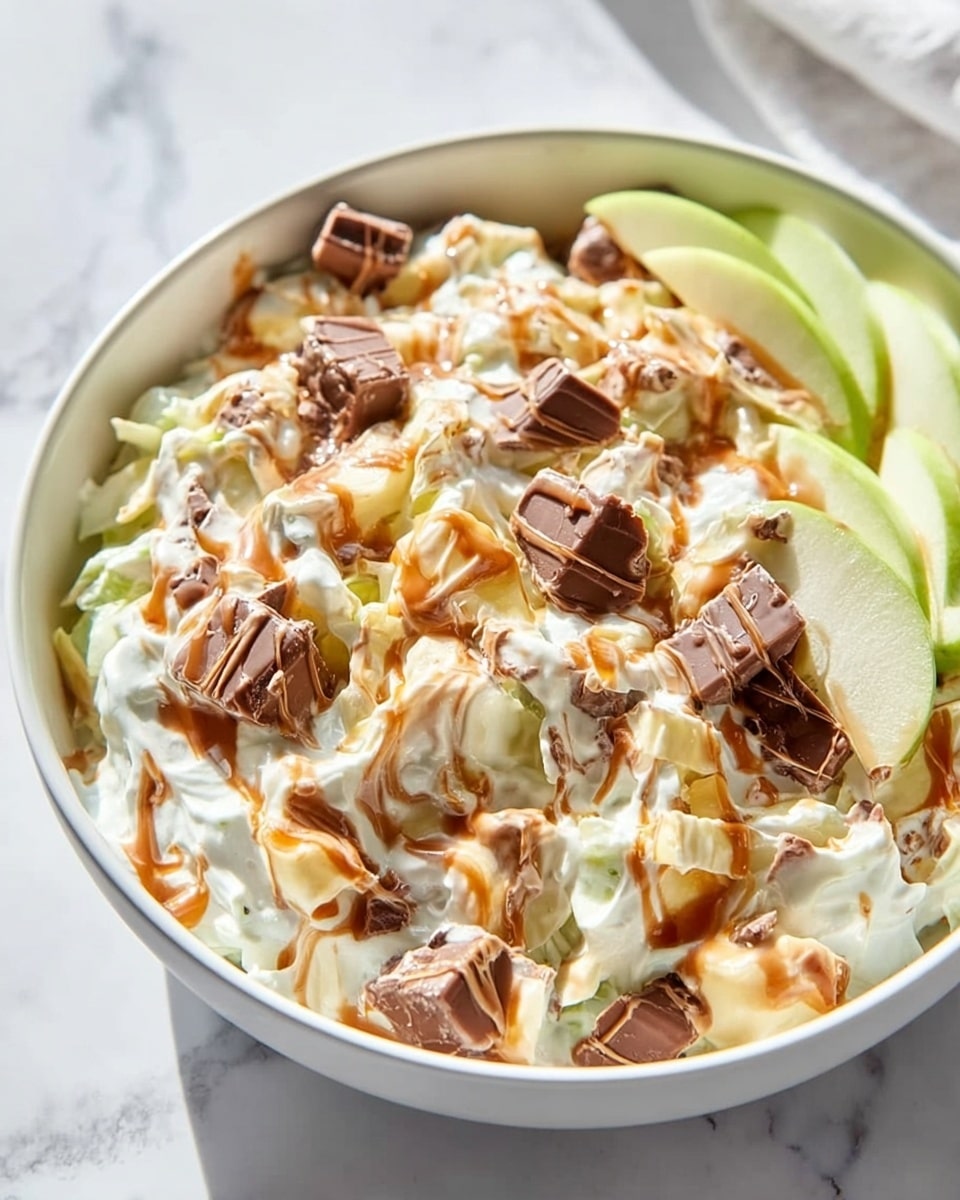 A white bowl filled with a creamy salad that has three main layers: creamy white yogurt or sauce as the base, bright green apple chunks scattered evenly, and small cube pieces of chocolate candy with visible nuts on top. The salad is lightly drizzled with a golden caramel-like sauce, adding a shiny texture on the top layer. The bowl sits on a white marbled surface with part of a wooden spoon and a pink cloth visible around it. photo taken with an iphone --ar 4:5 --v 7