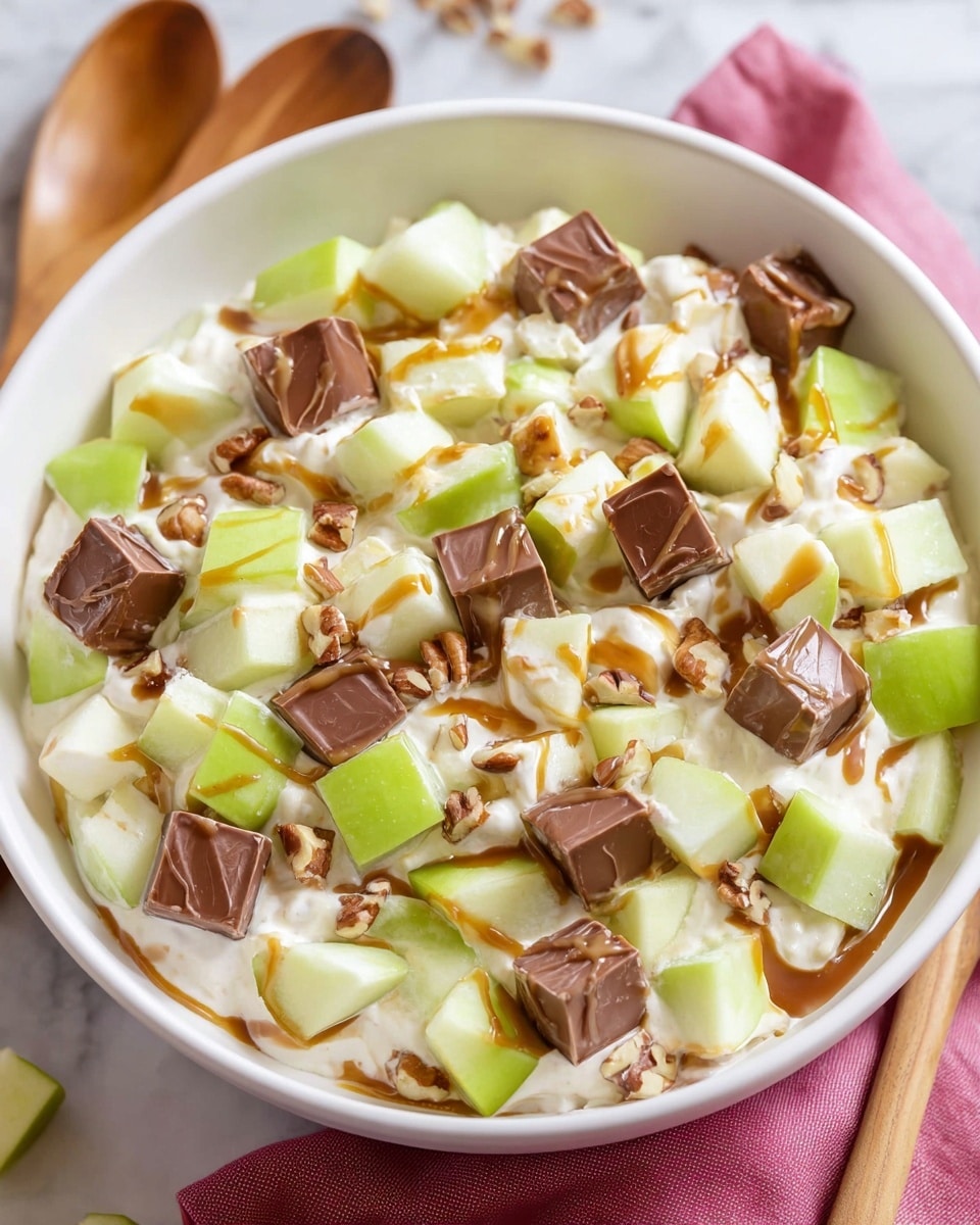 A white bowl filled with a creamy mixture that has three visible layers. The base layer is shredded white cabbage or lettuce, giving a rough texture. On top is a thick cream dressing spread unevenly, creamy white with hints of light brown sauce drizzled in thin lines. The final layer has chunks of milk chocolate with caramel swirls scattered on the surface, and there are a few thin slices of green apple resting on one side of the bowl. The bowl sits on a white marbled surface with soft natural light highlighting the textures and colors. Photo taken with an iphone --ar 4:5 --v 7
