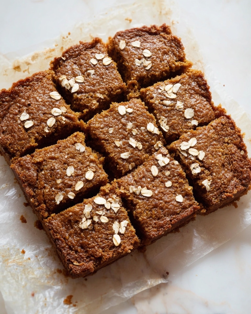 A close-up image of a single square piece of brown cake with a rough, crumbly texture. The cake has a dense look with small air holes spread throughout its interior. The top layer is slightly darker with small bits of oats scattered on it. The cake piece is placed on a simple white plate, which sits on a white marbled surface. photo taken with an iphone --ar 4:5 --v 7