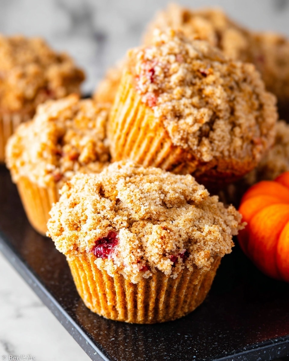 A single muffin stands on a small white pedestal with a round top. The muffin has two main layers: the bottom is a golden brown cake, soft in texture with tiny red specks visible inside, and the top is a crumbly streusel with light tan and brown chunks that look crunchy. The muffin paper is partially peeled down, showing a patterned liner with black lines. The background is a clean white marbled texture, with a blurred small pumpkin adding a hint of orange color behind the muffin. photo taken with an iphone --ar 4:5 --v 7