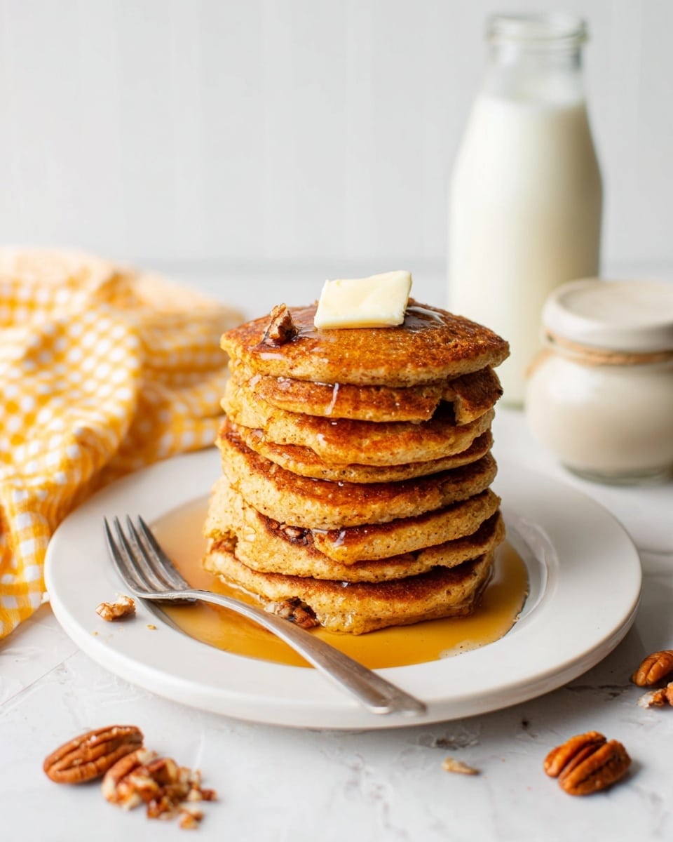 A stack of six golden brown pancakes sits in the middle of a white plate, each pancake thick and fluffy with slightly crisp edges. The top pancake is decorated with a small square of pale yellow butter melting slowly and a few small brown nuts scattered around. Light amber maple syrup drips gently over the sides of the pancakes, adding a shiny glaze. To the right side of the plate is a silver fork resting on the edge. The plate is on a white marbled surface, with a glass bottle filled with milk, a striped beige and white cloth, a beige cup, and cinnamon sticks softly blurred in the background. Photo taken with an iphone --ar 4:5 --v 7