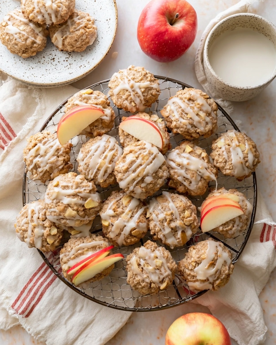 A round metal wire rack holds about twenty oatmeal cookies with small pale yellow apple chunks inside. Each cookie is light brown and sprinkled with a white glaze drizzled over the top. There are apple slices placed between some cookies on the rack, showing red and yellow skin with white flesh. To the top left, there is a speckled white bowl with three more cookies on a matching white plate. A red and yellow apple sits on a similar white speckled plate near the top center. A white speckled bowl filled with a white liquid is on the top right side. The entire scene is set on a white marbled surface with a light beige cloth and a white striped towel partially visible on the sides. Photo taken with an iphone --ar 4:5 --v 7