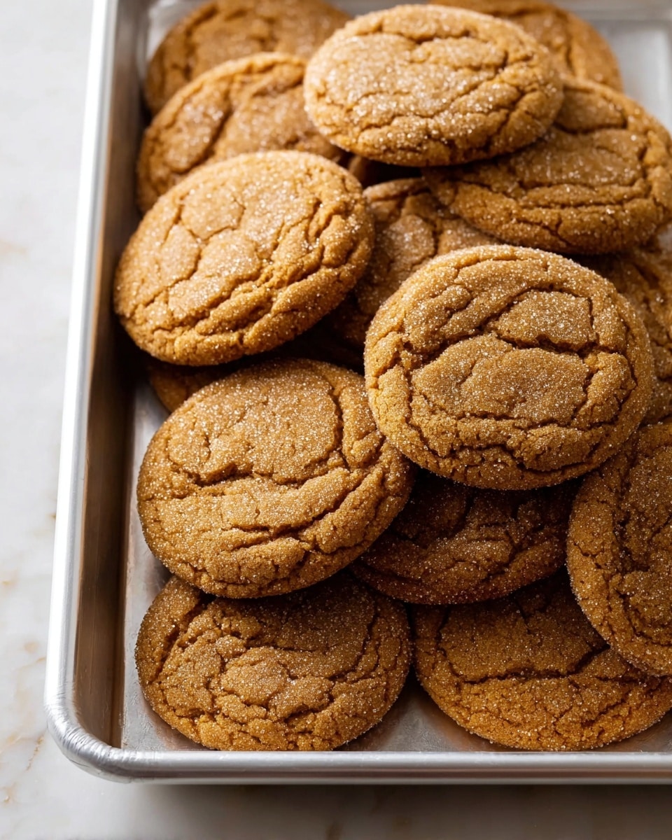 A metal tray filled with a pile of about twelve round, golden brown cookies with cracked tops and a light sprinkle of sugar crystals. The cookies have a soft and slightly chewy texture with letter-like imprints on their surface. They overlap each other closely in an unorganized stack. The tray rests on a white marbled surface. Photo taken with an iphone --ar 4:5 --v 7