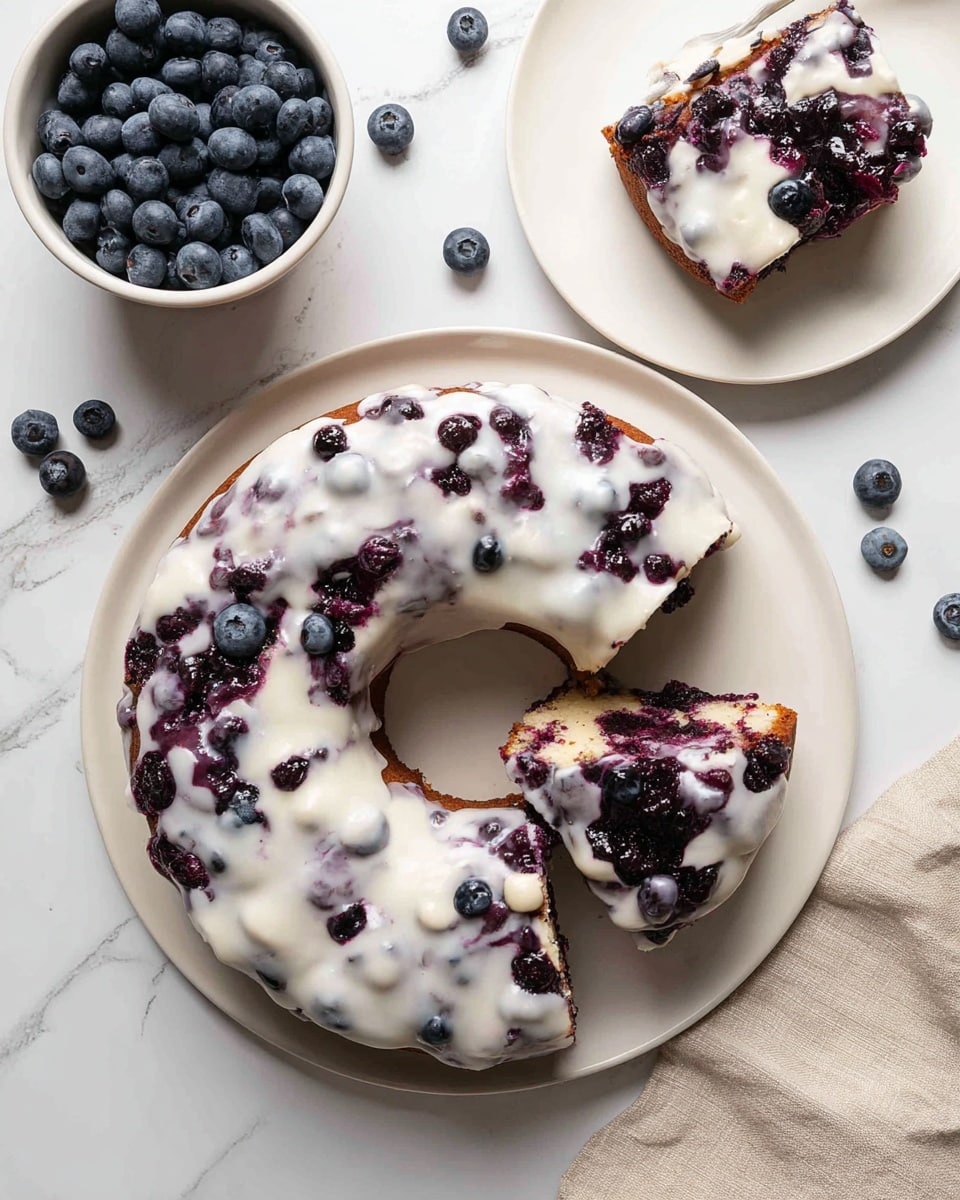 The image shows a white round plate with a large ring-shaped blueberry cake covered with a thick layer of white icing that partly lets the dark purple blueberries peek through underneath. The cake has a smaller piece cut out and placed nearby on the same plate. In the top right, there is another white plate with two smaller portions of the same blueberry cake, also topped with white icing. Fresh blueberries are scattered on the white marbled surface around the plates, and a white bowl filled with fresh blueberries is visible on the left side of the image. A beige cloth napkin is placed at the bottom right corner. The overall look is bright and clean with a focus on the contrast between the white icing and deep blueberry colors. photo taken with an iphone --ar 4:5 --v 7