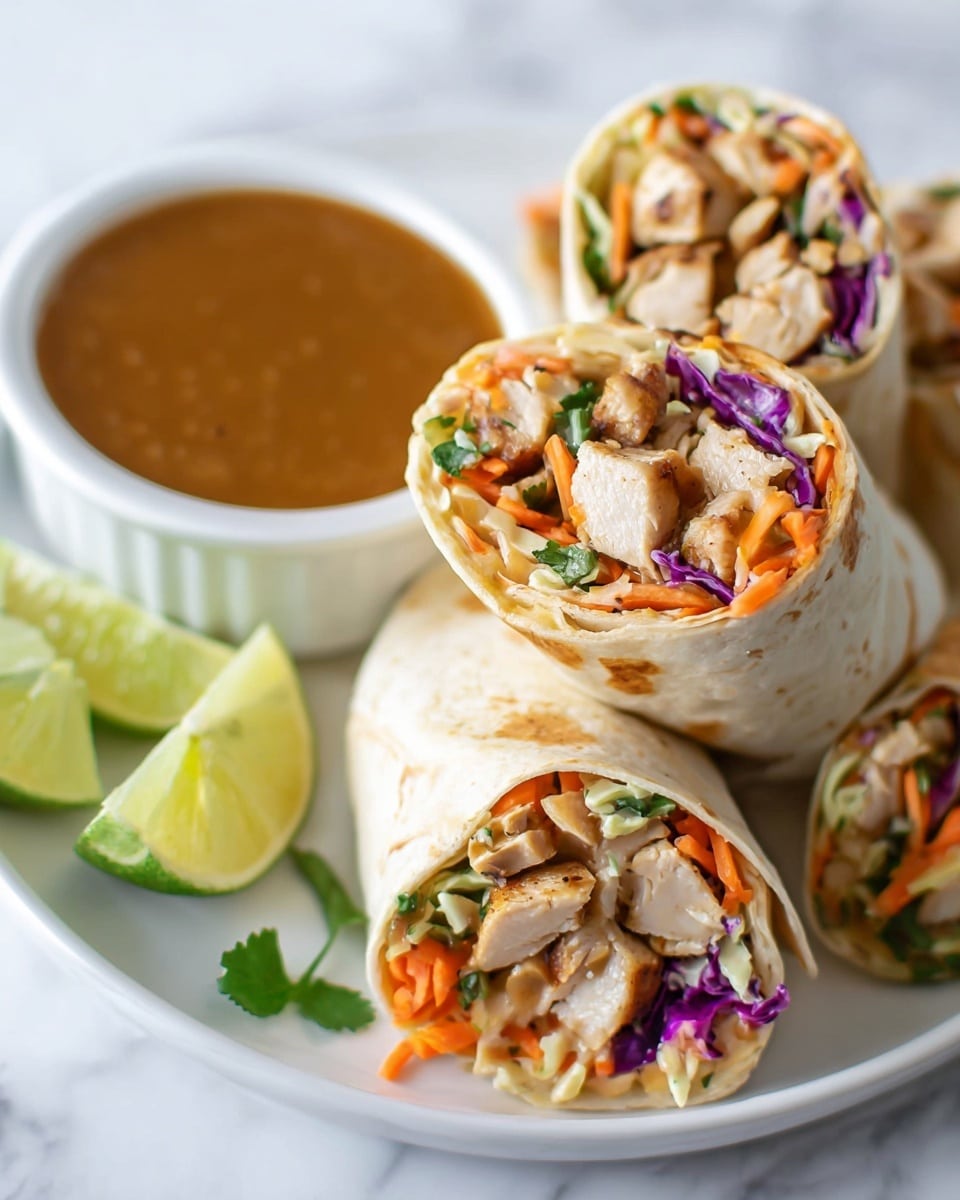 The image shows four thick wrap slices standing upright on a white plate placed on a white marbled surface. Each wrap has an outer layer of soft, light beige tortilla. Inside, visible layers include tender cooked chicken pieces with a light brown color, mixed with finely shredded orange carrots, purple cabbage, and bits of green herbs. Alongside the wraps, there are two fresh lime wedges with bright green skin and a small white bowl filled with a smooth brown sauce. The overall look is fresh and colorful, with the layers neatly packed and visible from the cut end of the wraps. photo taken with an iphone --ar 4:5 --v 7
