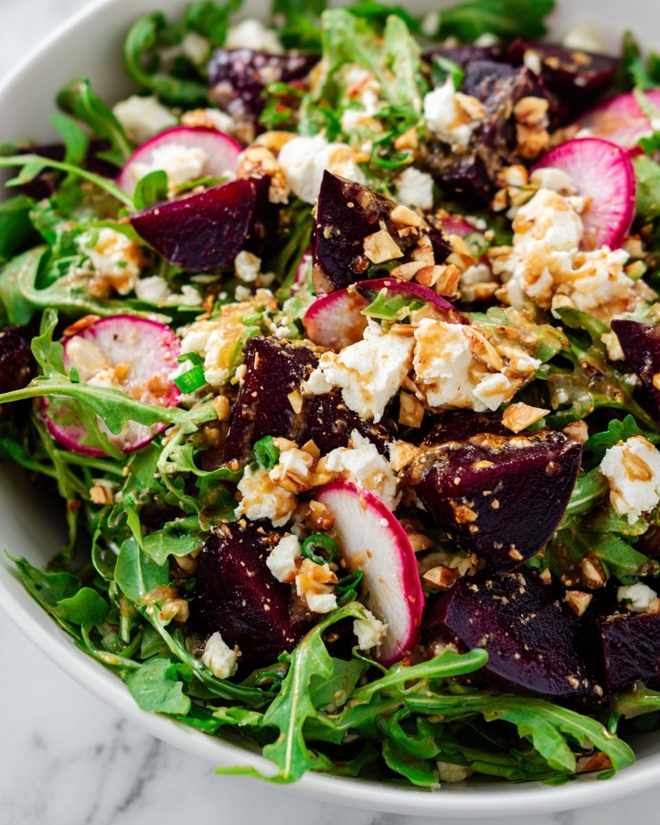 A large white bowl filled with a fresh salad on a white marbled surface. The bottom layer is bright green arugula leaves spread all around. On top, there are dark purple roasted beet pieces scattered evenly, contrasting with white crumbled cheese sprinkled generously in small chunks. Thin white and light pink radish strips are spread over the salad, adding a crisp texture and color. Small chopped green herbs and crushed nuts add specks of green and brown throughout. A light brown dressing is lightly drizzled on top. To the right side, a small clear glass measuring cup holds more dressing. A bright pink cloth napkin and a spoon with a wooden handle are placed to the side. Photo taken with an iphone --ar 4:5 --v 7
