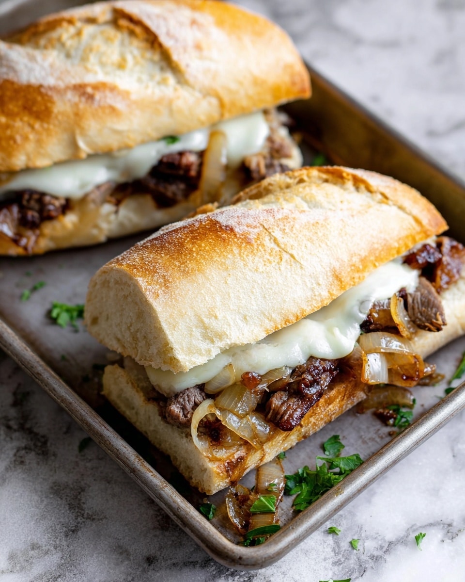 Two sandwiches sit on a metal tray over a white marbled surface. Each sandwich has three main layers: the top layer is a crusty light golden bread with a soft, porous inside, the middle layer has white melted cheese covering dark brown cooked meat pieces mixed with caramelized onions that are light brown with a slightly translucent texture, and the bottom layer is another piece of the same bread. Green parsley leaves are visible near the tray edges. Photo taken with an iphone --ar 4:5 --v 7