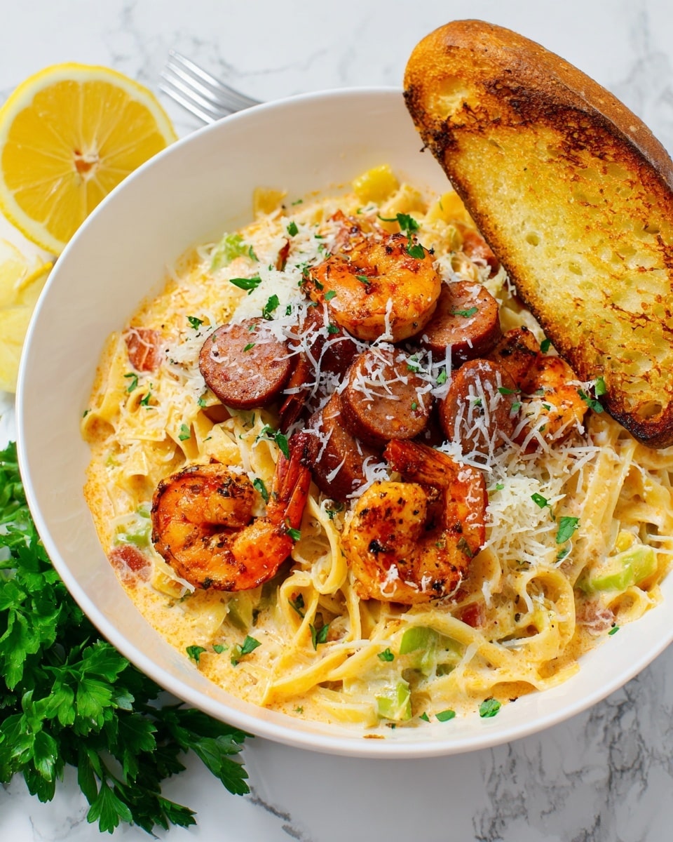 A white bowl filled with a creamy orange pasta base mixed with green bell peppers and small pieces of seafood or sausage, topped with three browned shrimp and round slices of dark sausage or chorizo, sprinkled with shredded white cheese and small green herb leaves. A piece of toasted garlic bread rests on the edge of the bowl. The bowl sits on a white marbled surface with a half lemon and green herbs nearby. Photo taken with an iphone --ar 4:5 --v 7
