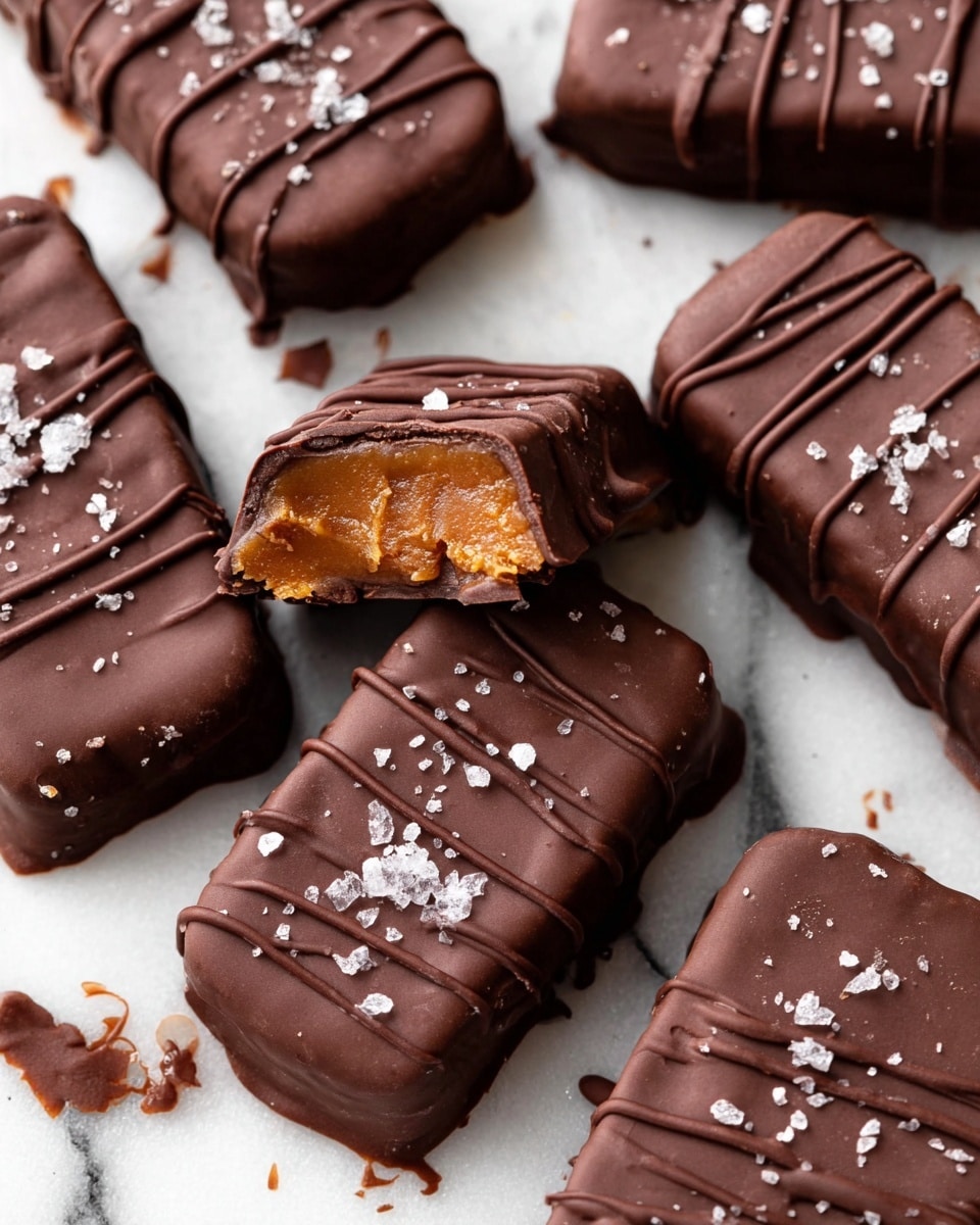 Several rectangular chocolate-covered bars are arranged on a white marbled surface. Each bar is coated in a smooth, dark brown chocolate layer with thin chocolate lines drizzled over the top and sprinkled with white sea salt flakes. One bar in the center is bitten, revealing a dense, caramel-colored inside with a slightly sticky texture under the chocolate shell. The chocolate coating has a matte finish with a few small imperfections like bumps and crumbs around the edges. Photo taken with an iphone --ar 4:5 --v 7