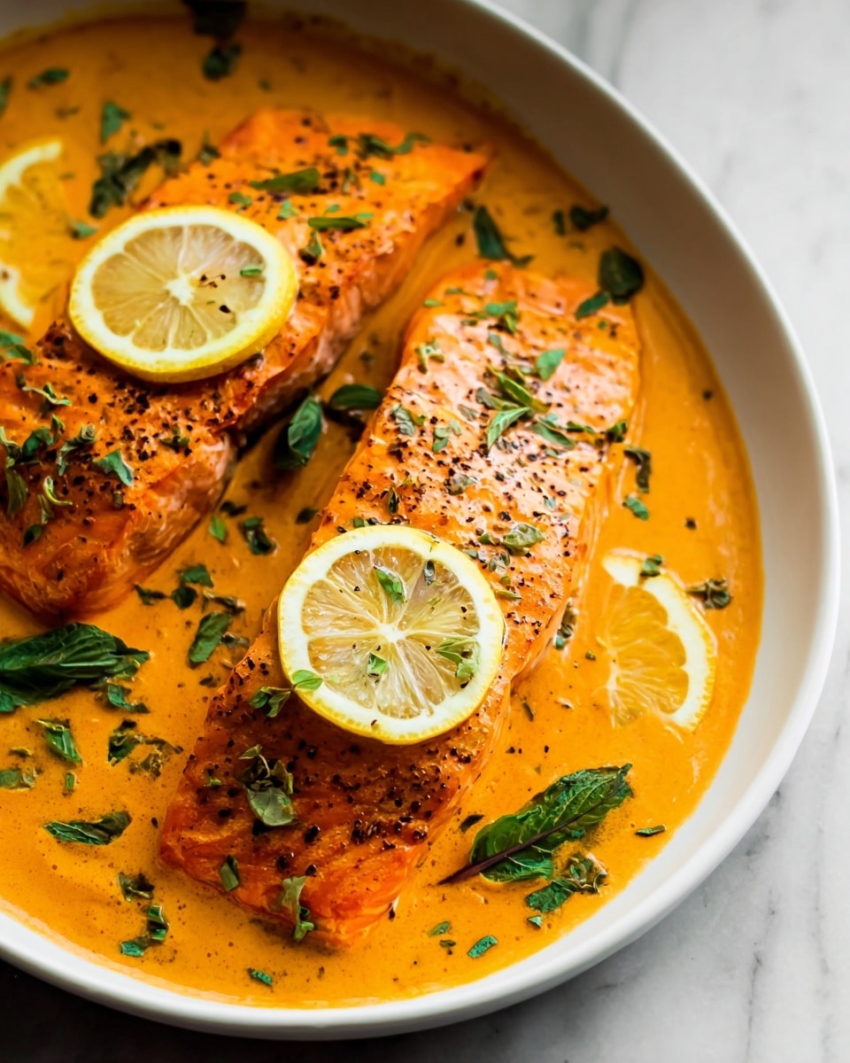 The dish shows two large, cooked salmon fillets with a light orange color, sitting in a shallow layer of thick, creamy, bright orange sauce. The salmon fillets are topped with thin lemon slices and sprinkled with small black pepper specks. Fresh green herbs are scattered over the sauce and on the fish, adding spots of green color. The food is inside a black pan with white handles, placed on a white marbled surface with a part of a blue-striped cloth visible nearby. photo taken with an iphone --ar 4:5 --v 7