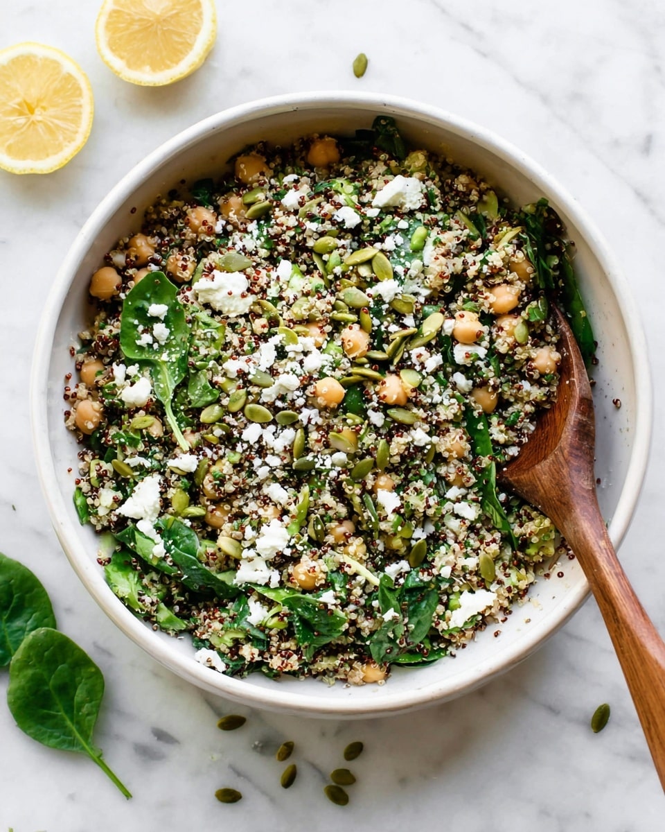 A white bowl filled with a mixed salad showing at least three layers: a base of white and red quinoa grains, a middle layer of green spinach leaves and chickpeas scattered throughout, and a topping of white crumbled cheese and green pumpkin seeds. A wooden spoon is partly inside the bowl on the right side. The bowl is placed on a white marbled surface with two squeezed lemon halves in the top left corner and a small spinach leaf below the bowl. The salad looks fresh and textured with visible small herbs mixed in. Photo taken with an iphone --ar 4:5 --v 7