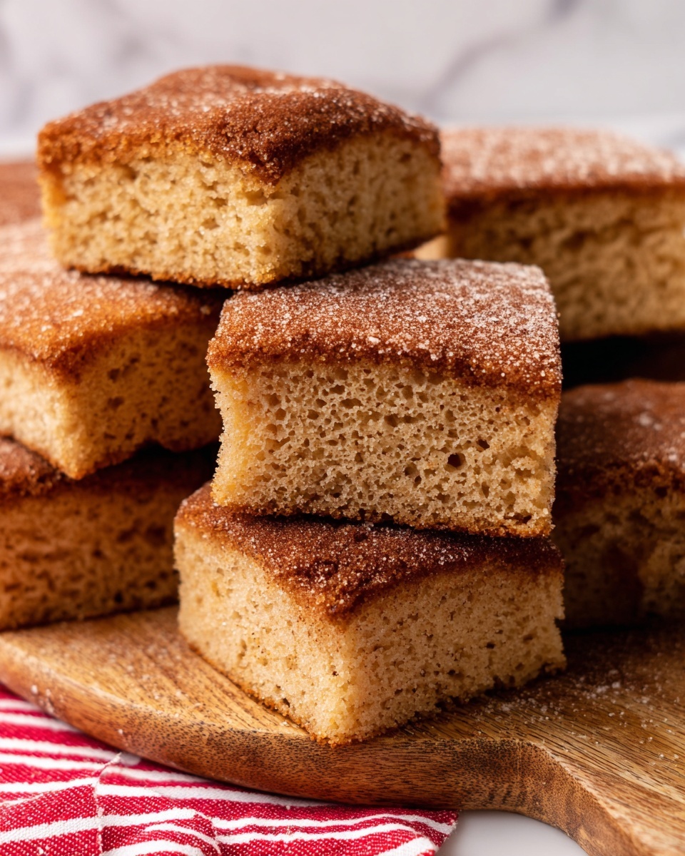 The image shows a tray of cinnamon sugar cake squares with one piece slightly lifted to reveal its inside. The cake is cut into uniform squares with a rich brown, textured top layer covered in granulated cinnamon sugar. Below this top layer, the inside of the lifted square reveals a soft, moist, golden-yellow cake with small air holes throughout, showing its light and fluffy texture. The pieces are arranged close together on a white marbled surface. Photo taken with an iphone --ar 4:5 --v 7