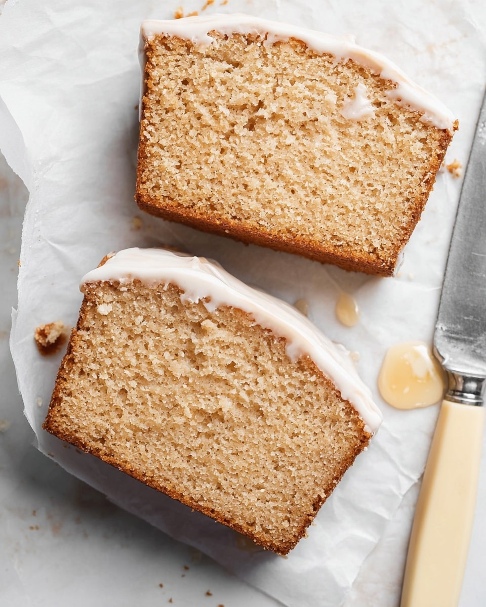 This image shows a loaf cake sliced into pieces, placed on a white paper over a white marbled tray. The cake has a golden brown color with a soft, moist texture visible inside. On top of the cake is a thick layer of white icing that drips slightly over the edges. To the right of the cake lies a knife with a light beige handle. The background features a blurred white marbled surface, a white cup, and stacked white plates. Photo taken with an iphone --ar 4:5 --v 7