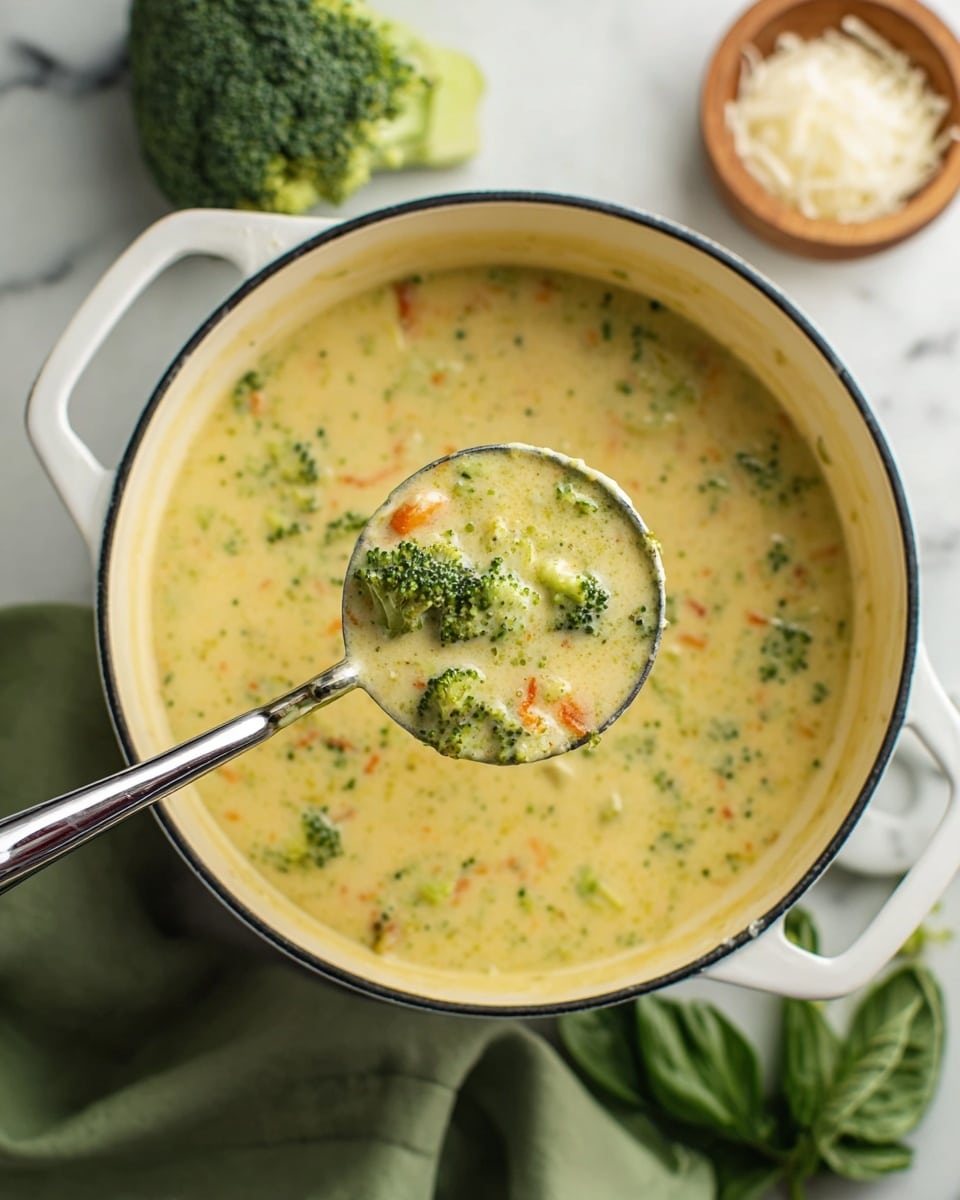 A white bowl filled with creamy broccoli and carrot soup showing a light yellow base with green broccoli pieces and small orange carrot slices mixed throughout, a silver spoon holding a piece of broccoli is lifted above the bowl, the bowl sits on a white marbled surface, next to a wooden bowl with fresh broccoli florets and a small glass bowl of cottage cheese, a woman's hand is holding the spoon from the bottom left corner, a green cloth napkin is partially visible under the bowl. photo taken with an iphone --ar 4:5 --v 7