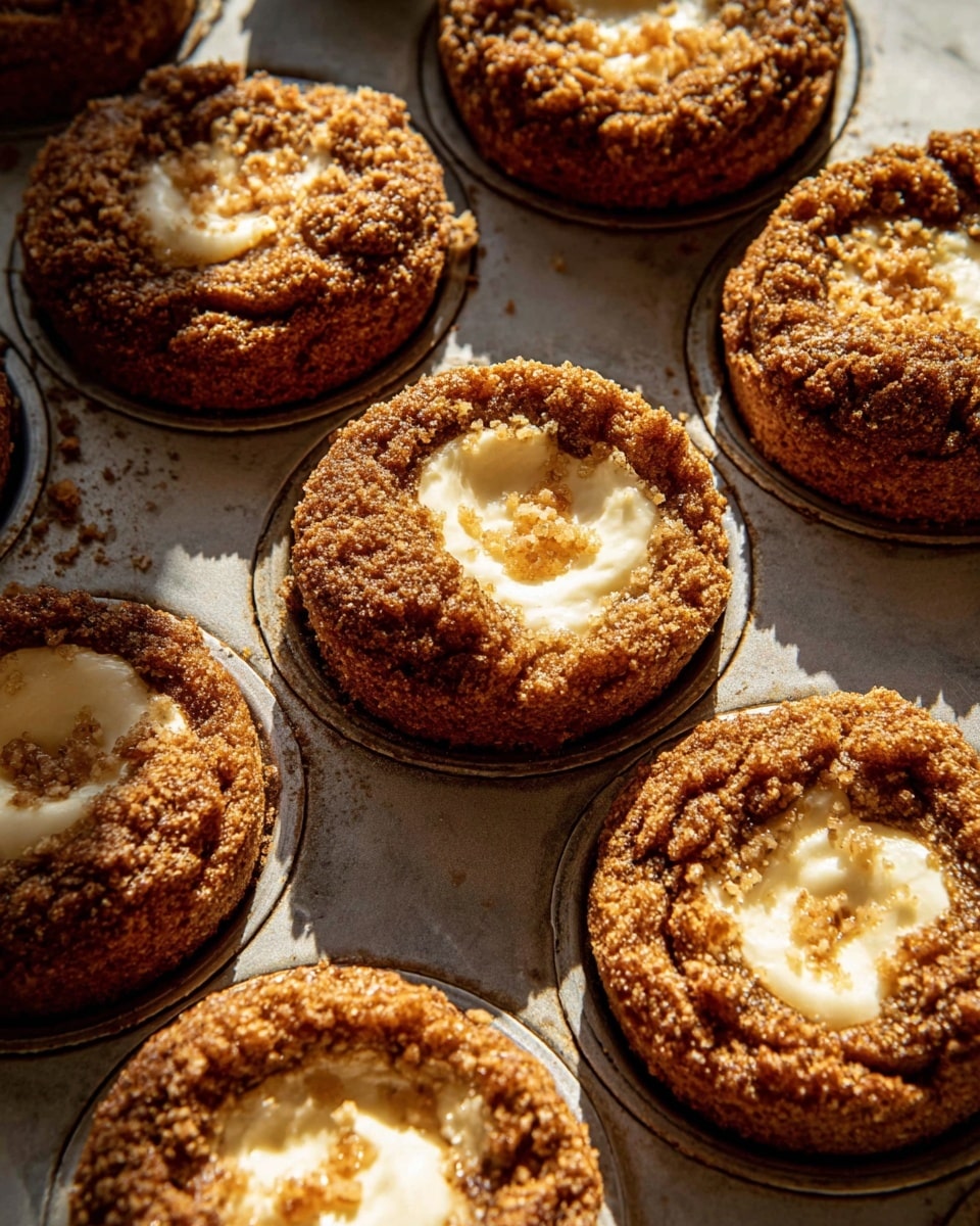 The image shows a close-up of a muffin tin filled with freshly baked muffins. Each muffin has two layers: a thick, rough-textured brown outer layer that looks soft and moist, and a slightly sunken creamy white center with a smooth texture. The muffins have small crunchy bits sprinkled on top, giving a slight sparkle in the warm light. The tin is metallic and placed on a white marbled surface, with shadows falling between the muffins showing the natural light source. photo taken with an iphone --ar 4:5 --v 7