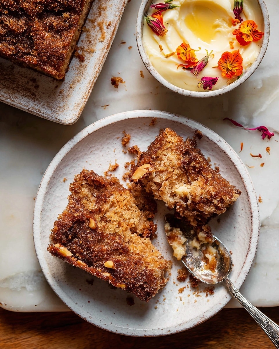 The image shows a close-up of several square pieces of crumb-topped coffee cake. Each piece has two distinct layers: a dense, moist golden base and a thick, crumbly dark brown topping with sugar crystals and melted butter spots creating shiny patches. The squares are placed on a sheet of parchment paper on a wooden surface. In front of the cake pieces, there is a small metal measuring cup filled with creamy, whipped butter or spread, next to an old silver spoon with some spread residue. A small orange and red flower with green leaves sits near the measuring cup. The background is changed to a white marbled texture. photo taken with an iphone --ar 4:5 --v 7