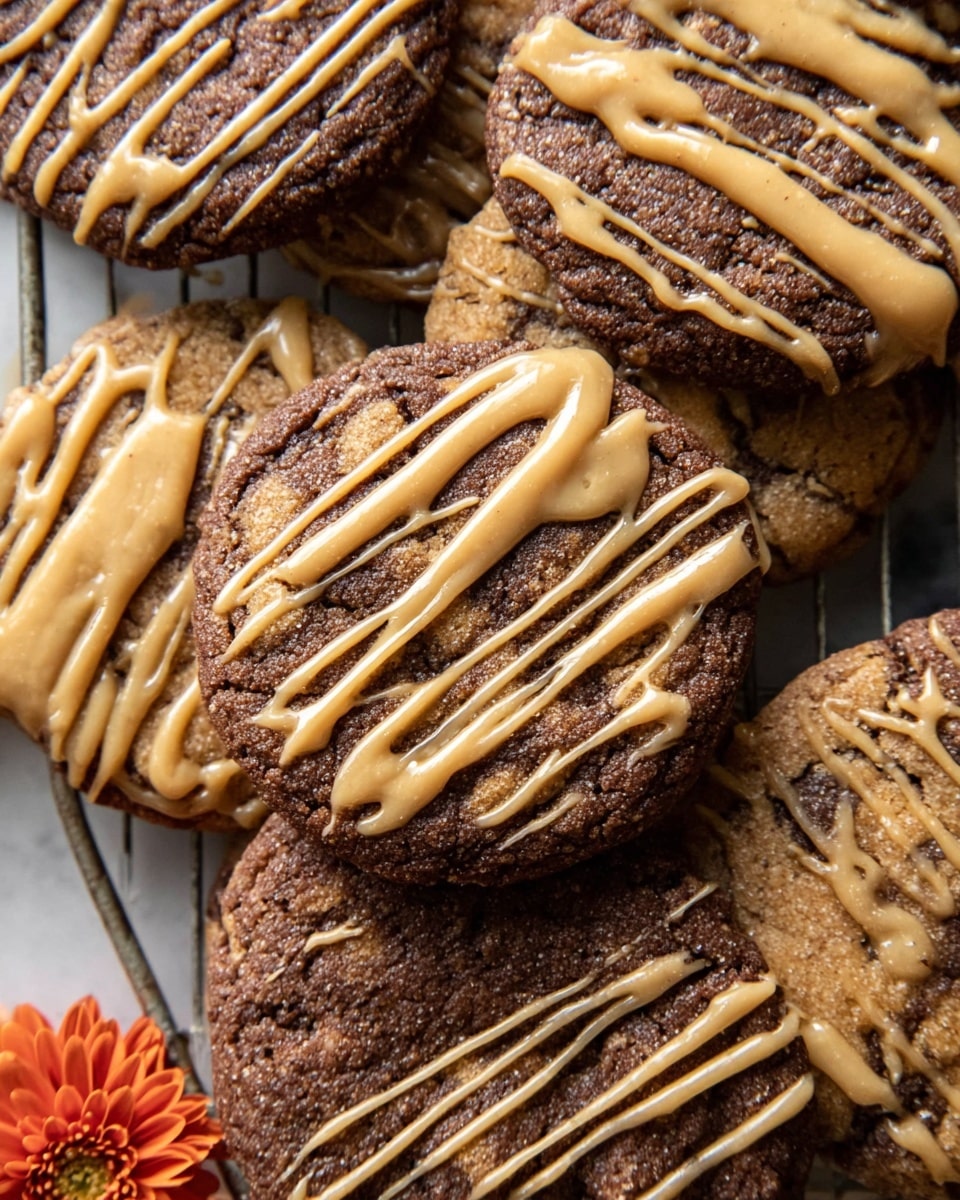 A close-up view of several round, soft cookies with a rich brown color and a slightly textured surface. Each cookie is topped with an uneven drizzle of smooth tan-colored icing, creating a striped pattern. The cookies are arranged closely together on a metal cooling rack, which sits on a white marbled surface. Some cookies overlap slightly, showing varied thickness and texture. In the bottom left corner, a small orange flower adds a subtle accent to the scene. Photo taken with an iphone --ar 4:5 --v 7