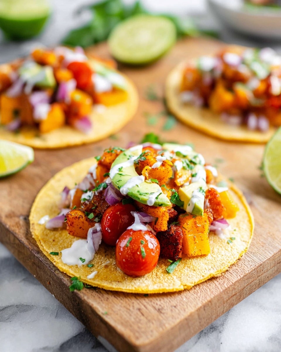 Three soft white corn tortillas lie on a wooden board with a white marbled texture background. Each tortilla is topped with bright orange roasted cubes, which appear soft and slightly caramelized, mixed with small green onion pieces and finely chopped red onions. On the side of the roasted cubes, there are fresh green avocado slices with a smooth texture. Small pieces of red cherry tomato add a pop of color on top. White dollops of sauce are scattered over the roasted cubes, and the dish is sprinkled with black pepper. Around the board are garnishes of fresh green cilantro leaves and halved lime wedges. Photo taken with an iphone --ar 4:5 --v 7