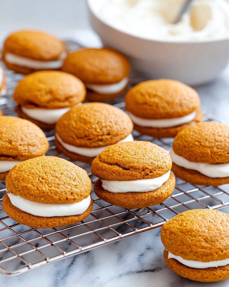 The image shows multiple soft round pumpkin cookies arranged on a silver cooling rack set over a white marbled surface. The cookies have a warm orange-brown color with a slightly bumpy texture on top. Some of the cookies are paired and filled in the middle with a thick, smooth layer of white cream, forming sandwich shapes with two cookie halves and white cream visible in between. A white bowl with more white cream inside is placed in the background, partially out of focus. The overall scene is bright and clean with a focus on the cookies' warm tones and creamy filling. photo taken with an iphone --ar 4:5 --v 7