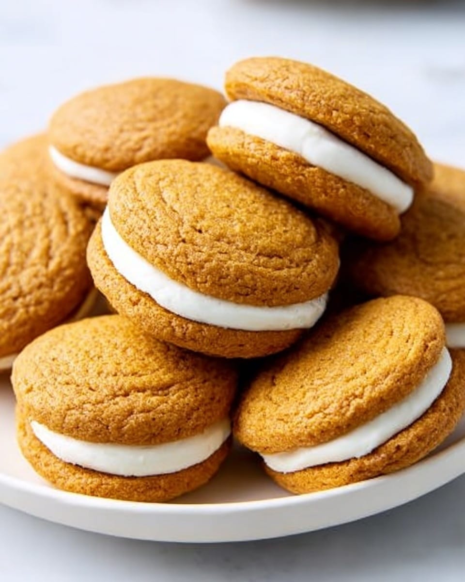 A white plate holds a pile of pumpkin sandwich cookies. Each cookie has two round, lightly textured orange-brown layers with small darker spots, showing a soft and cake-like surface. Between these layers is a thick, smooth white cream filling that is evenly spread, visible all around. The cookies are arranged closely together, some leaning on others, all on a white marbled surface with a checkered cloth visible at the bottom left corner. photo taken with an iphone --ar 4:5 --v 7