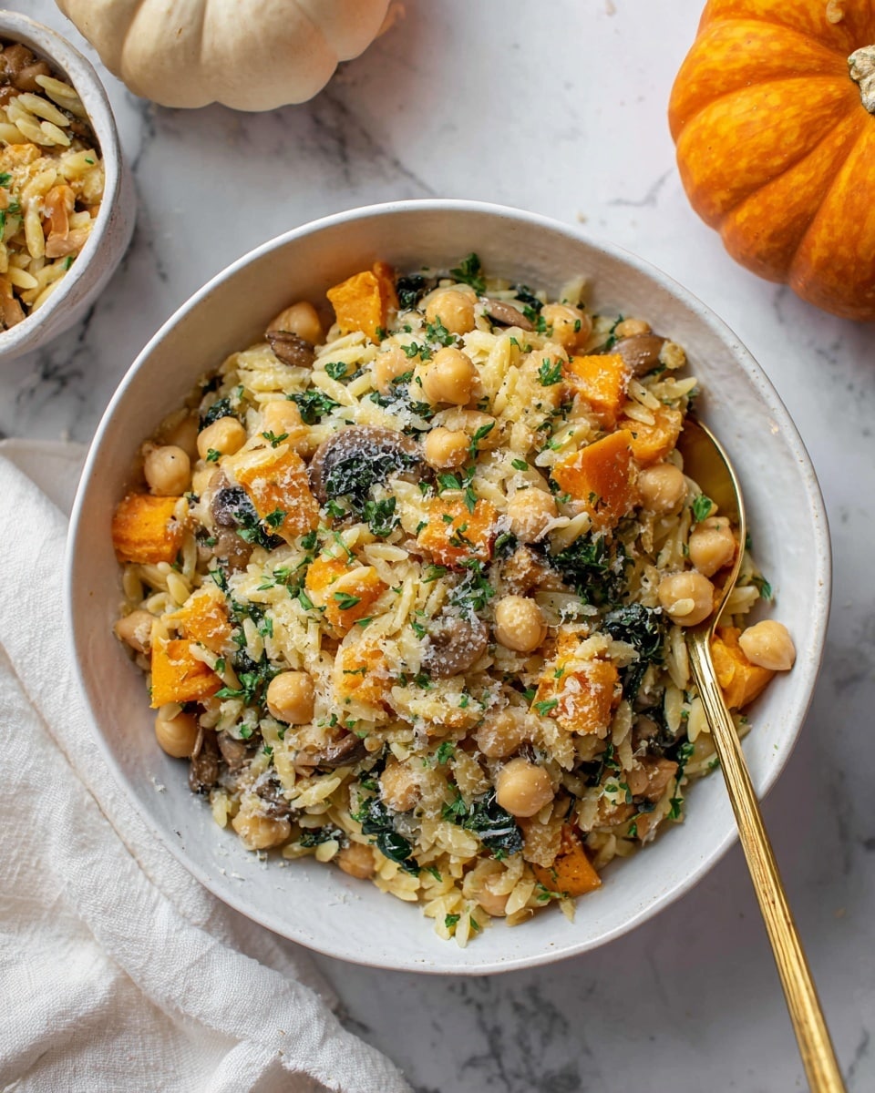 A white bowl filled with a mixed dish showing one main layer of small orzo pasta with a pale yellow color, scattered golden chickpeas, and chunks of bright orange butternut squash. Dark green leafy pieces and small bits of pale brown mushrooms are mixed throughout the dish. The top is sprinkled with finely grated cheese and chopped green herbs, adding a fresh touch. A gold spoon rests inside the bowl, which sits on a white marbled surface, with a pale orange pumpkin nearby and a white cloth in the background. Photo taken with an iphone --ar 4:5 --v 7