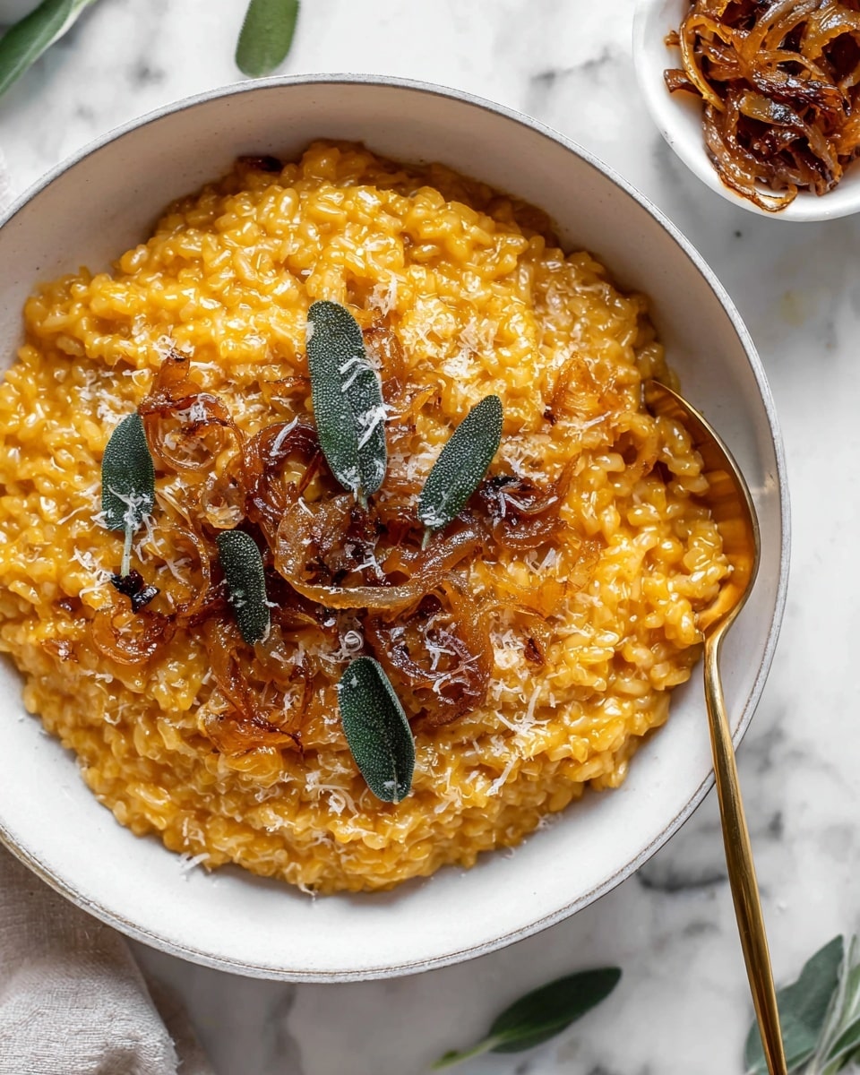 A white bowl filled with creamy pumpkin risotto that has a rich orange color and soft, thick texture. On top, there is a layer of golden-brown caramelized onions scattered unevenly and whole fried sage leaves with a deep green color sitting across the surface. The risotto looks warm and smooth with small grains of rice visible. Around the bowl, there are small pumpkins and a white bowl of grated cheese on a white marbled surface. Photo taken with an iphone --ar 4:5 --v 7