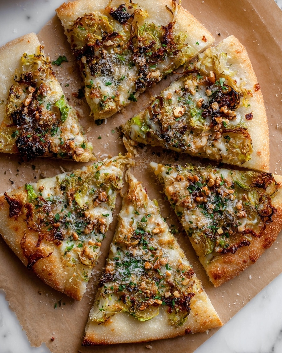 The image shows six slices of pizza arranged on brown parchment paper over a white marbled surface. The pizza has a thick, pale golden crust with a slightly rough texture. Each slice has a layer of melted cheese that is golden and bubbly in places, with visible bits of green herbs scattered on top. There are caramelized pieces of Brussels sprouts, browned bits of nuts, and a light dusting of a white grated topping evenly spread across all slices. The pizza looks savory with a mix of green and brown colors on the cheese layer, showing a combination of roasted vegetables and toasted nuts. Photo taken with an iphone --ar 4:5 --v 7