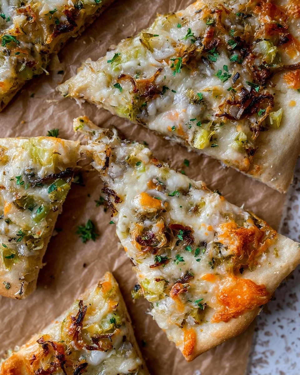This image shows several slices of vegetable pizza on a brown paper surface with a white marbled texture underneath. Each slice has a crisp, light golden crust at the bottom layer. The middle layer is topped with melted white and light orange cheese mixed with visible green vegetables like chopped peppers and herbs. Small bits of brown, crispy caramelized onions and green herbs sprinkle the surface, adding texture and color contrast. The cheese layer looks bubbly and slightly browned at the edges, giving a fresh baked appearance. Photo taken with an iphone --ar 4:5 --v 7