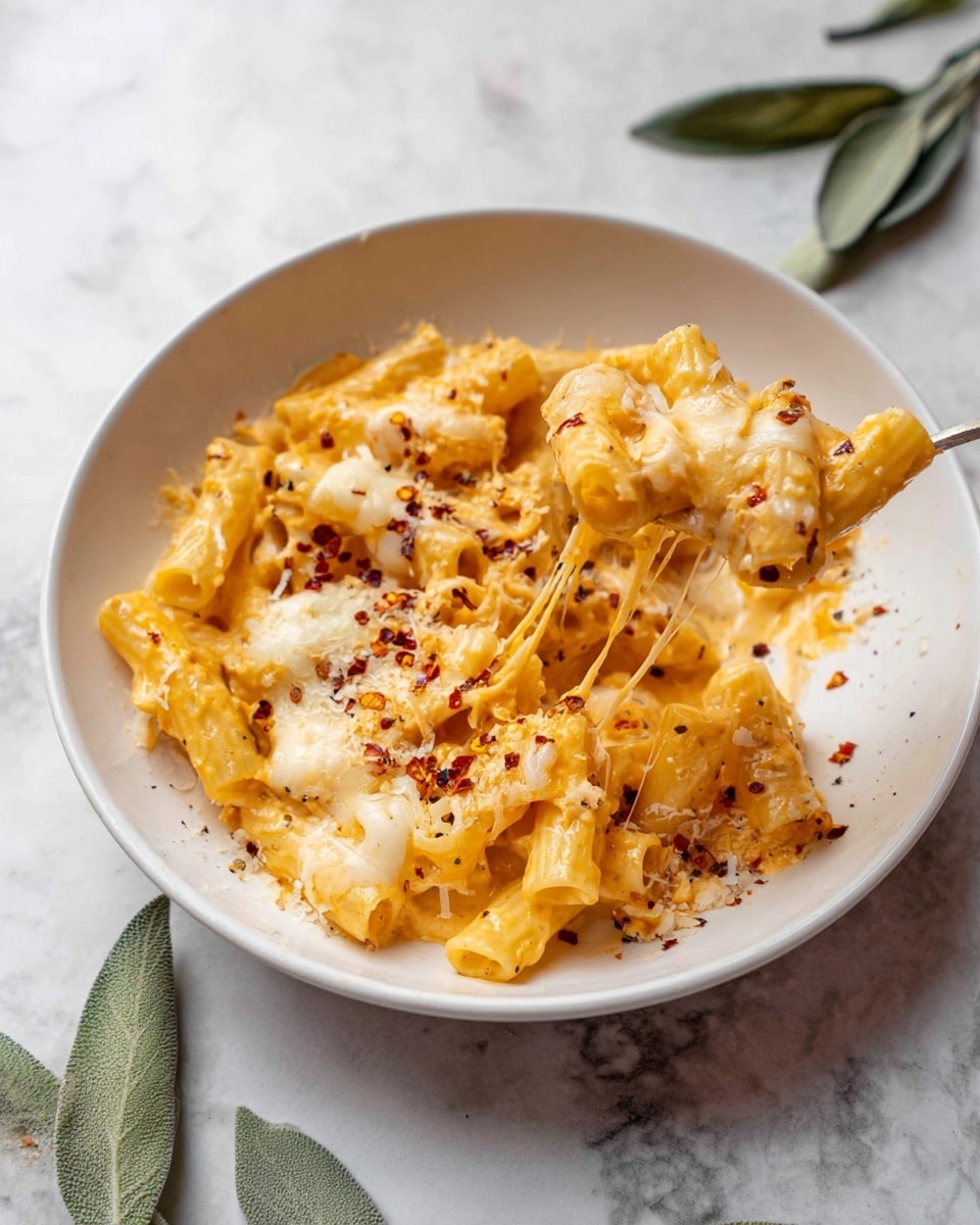 A round white pot filled with baked rigatoni pasta in a rich orange tomato sauce forms the bottom layer, topped with melted creamy white cheese covering about half of the surface, sprinkled with small bits of red chili flakes and grated cheese. Some green herbs are scattered on the cheese, and a fork is digging into the pasta on the bottom right side, showing gooey cheese strings between the pasta tubes. The pot sits on a white marbled surface with two green leaves placed nearby. photo taken with an iphone --ar 4:5 --v 7