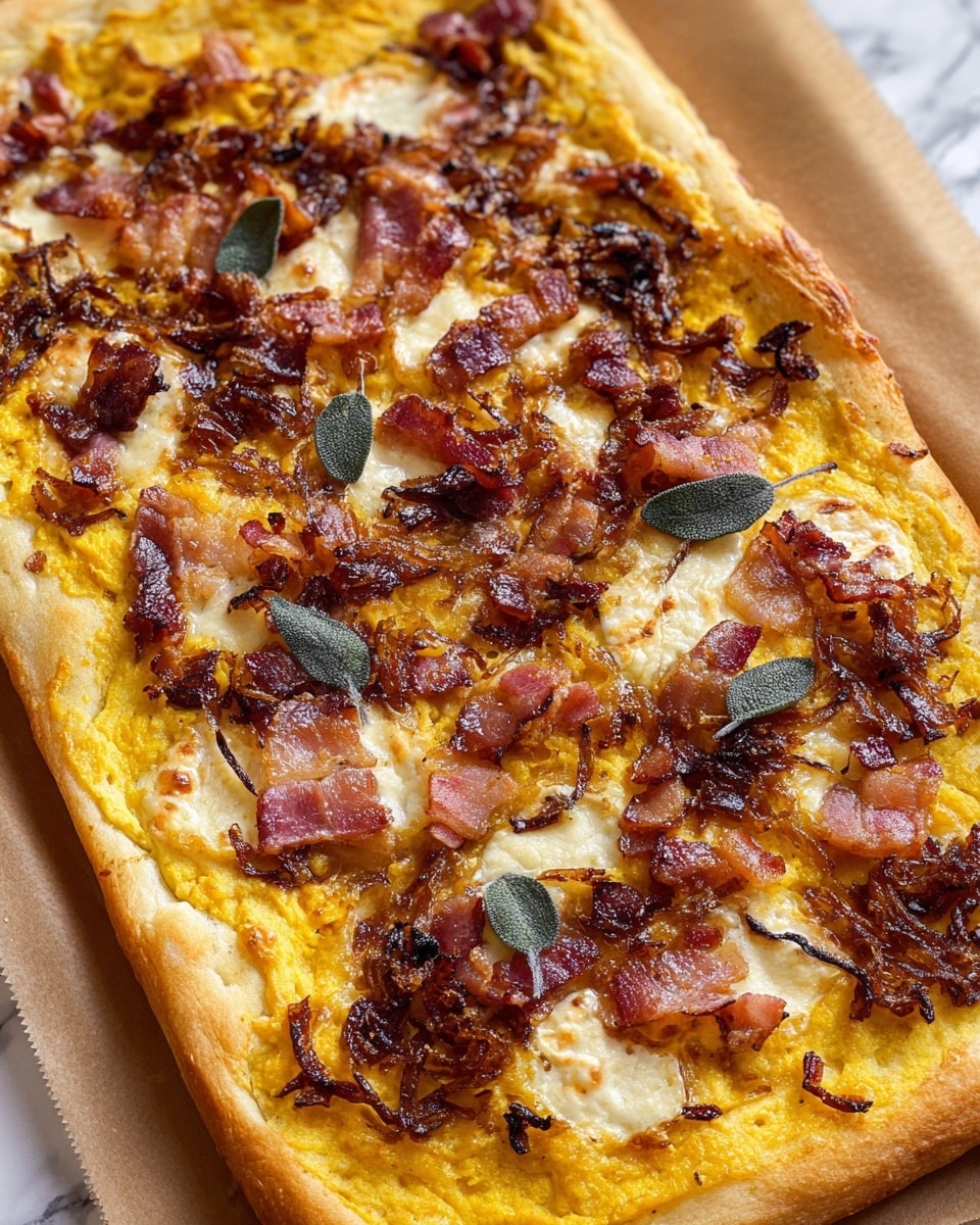 The image shows a rectangular pizza with a golden, slightly thick crust as the bottom layer. The second layer is a creamy, yellowish spread evenly covering the dough. The third layer consists of melted white cheese with some golden brown spots. On top, scattered pieces of cooked bacon add a reddish-brown color and a crispy texture. There are also caramelized onions spread across the pizza, giving deep brown, glossy patches. Small dark green sage leaves are sprinkled over everything, adding contrast to the warm colors. The pizza rests on brown parchment paper placed on a white marbled surface photo taken with an iphone --ar 4:5 --v 7